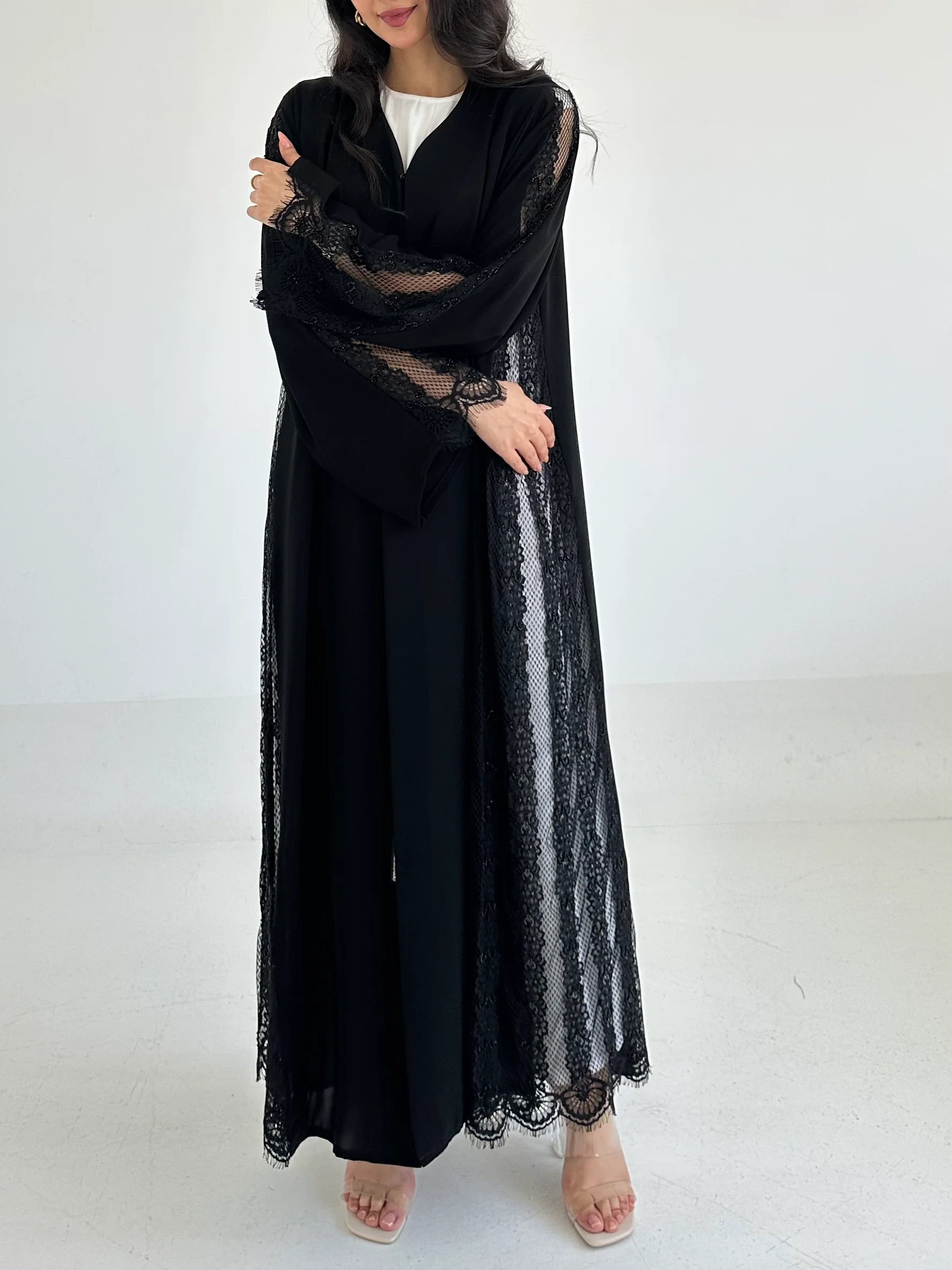 C 2352 Black Beaded Lace Abaya - Image 3