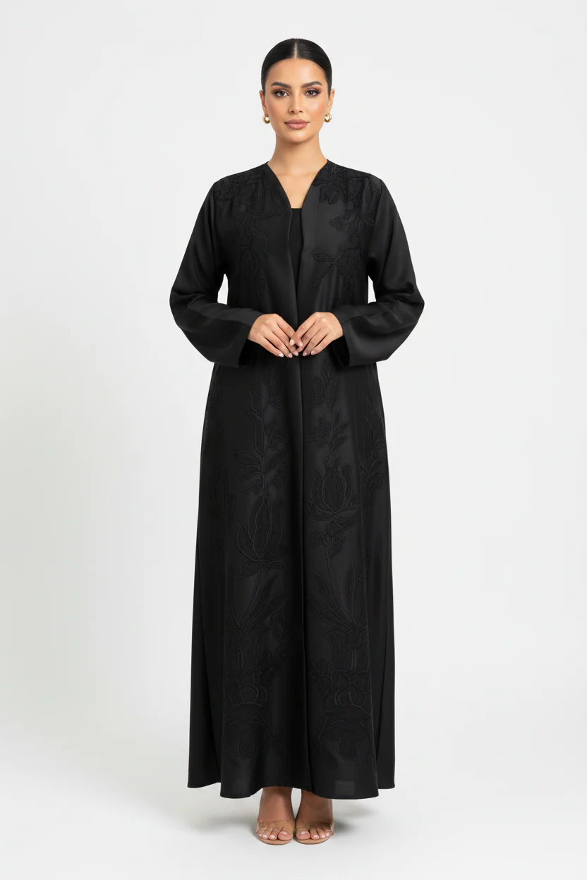 C 2356 Black Embroidered Floral Abaya - Image 2