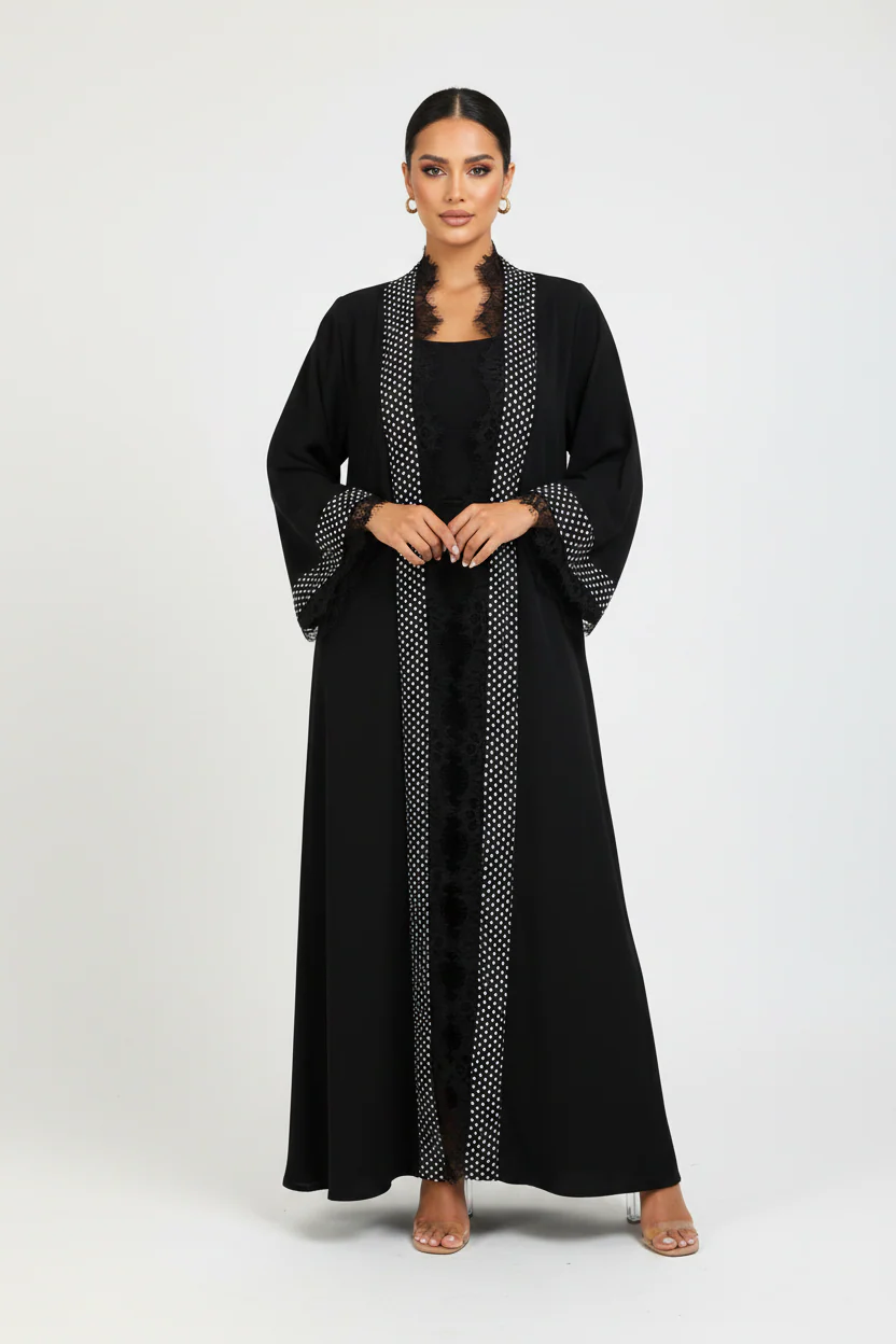 C 2357 Black Polka Lace Abaya - Image 2