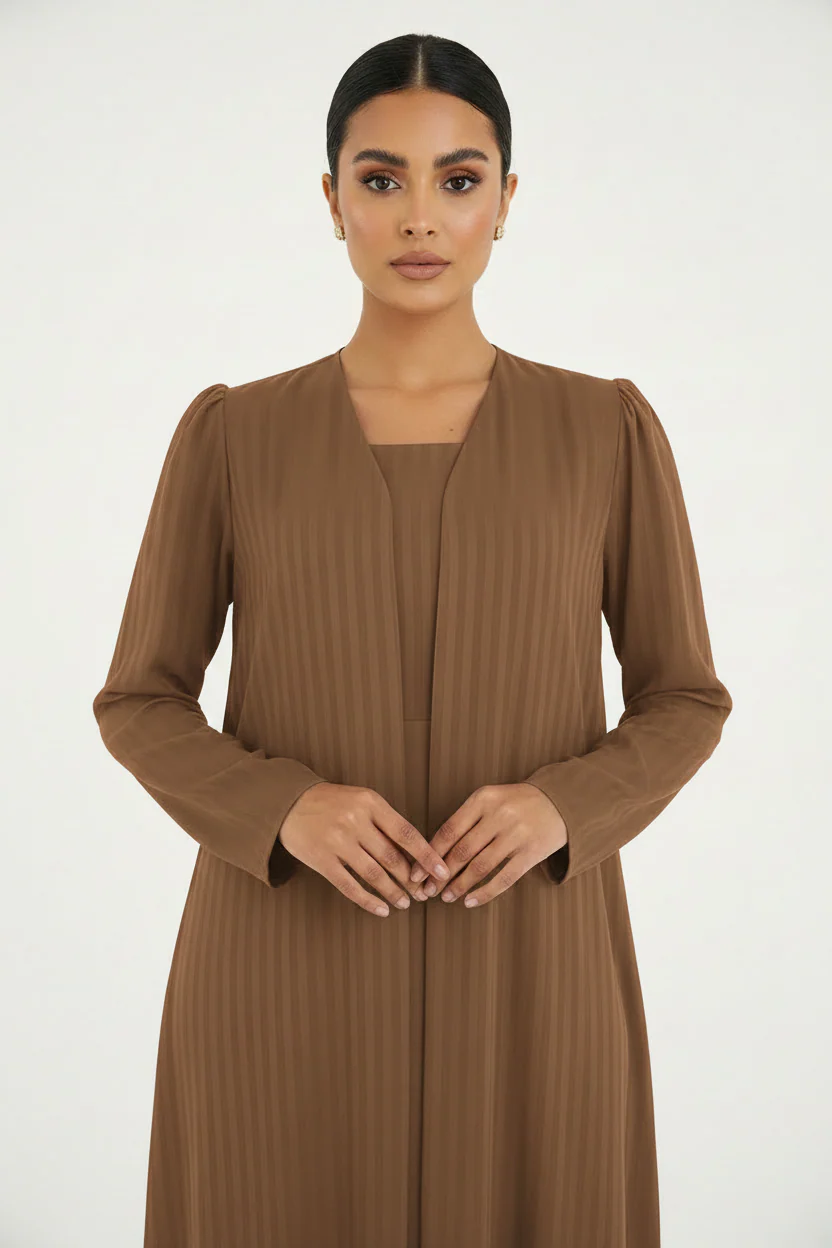 C 2386-05 Caramel Brown Striped Abaya - Image 3