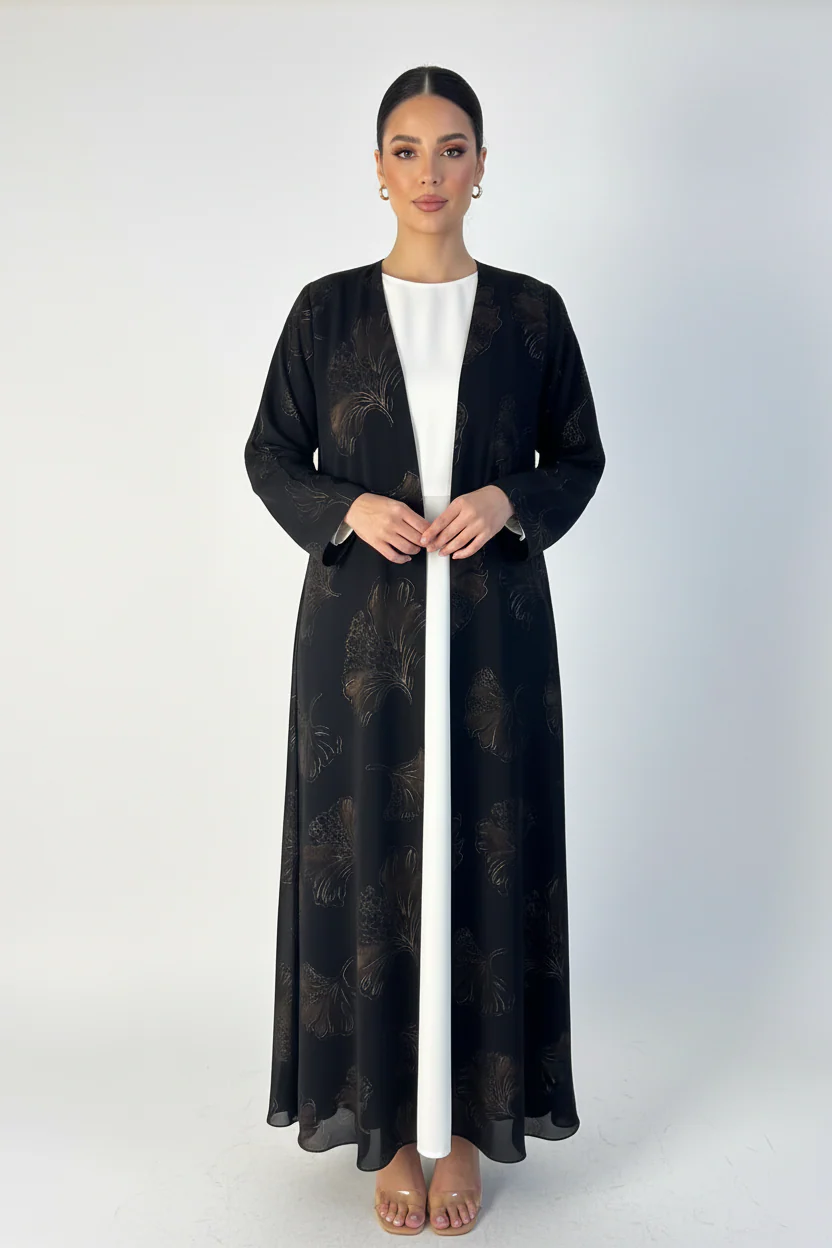 C 2390-04 Black Coffee Printed Abaya - Image 2