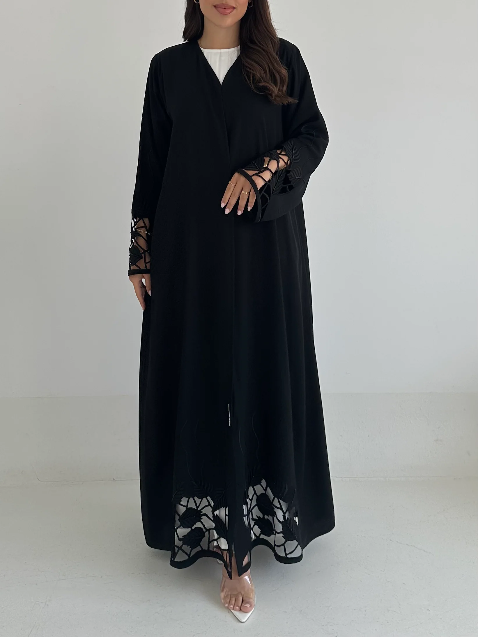 C 2401 Black Beaded Lace Abaya - Image 2