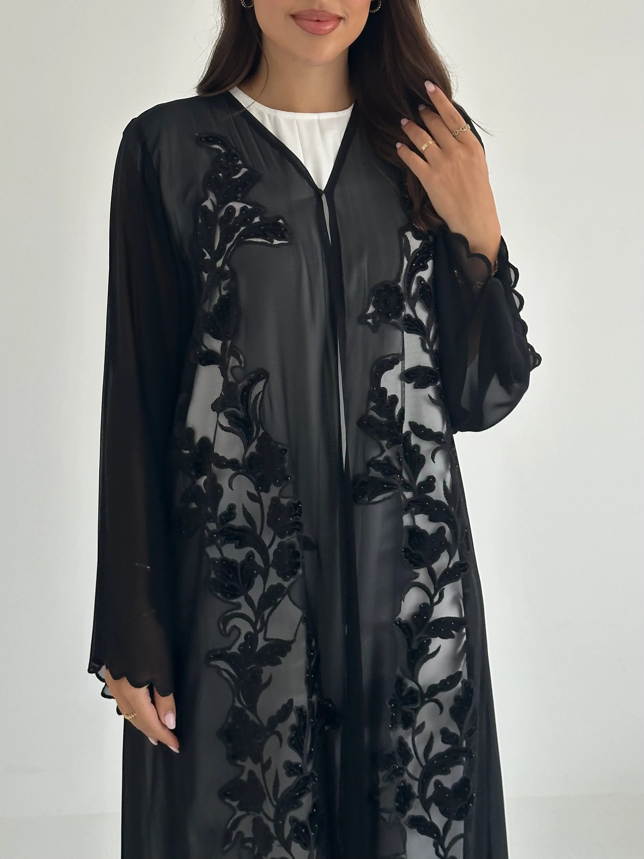 C 2403 Black Crystal Lace Abaya - Image 3