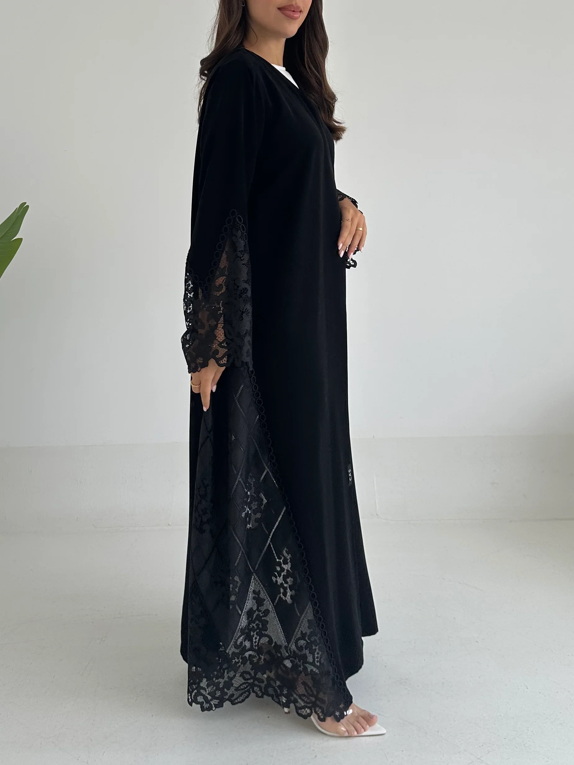 C 2404 Black Floral Lace Abaya - Image 3