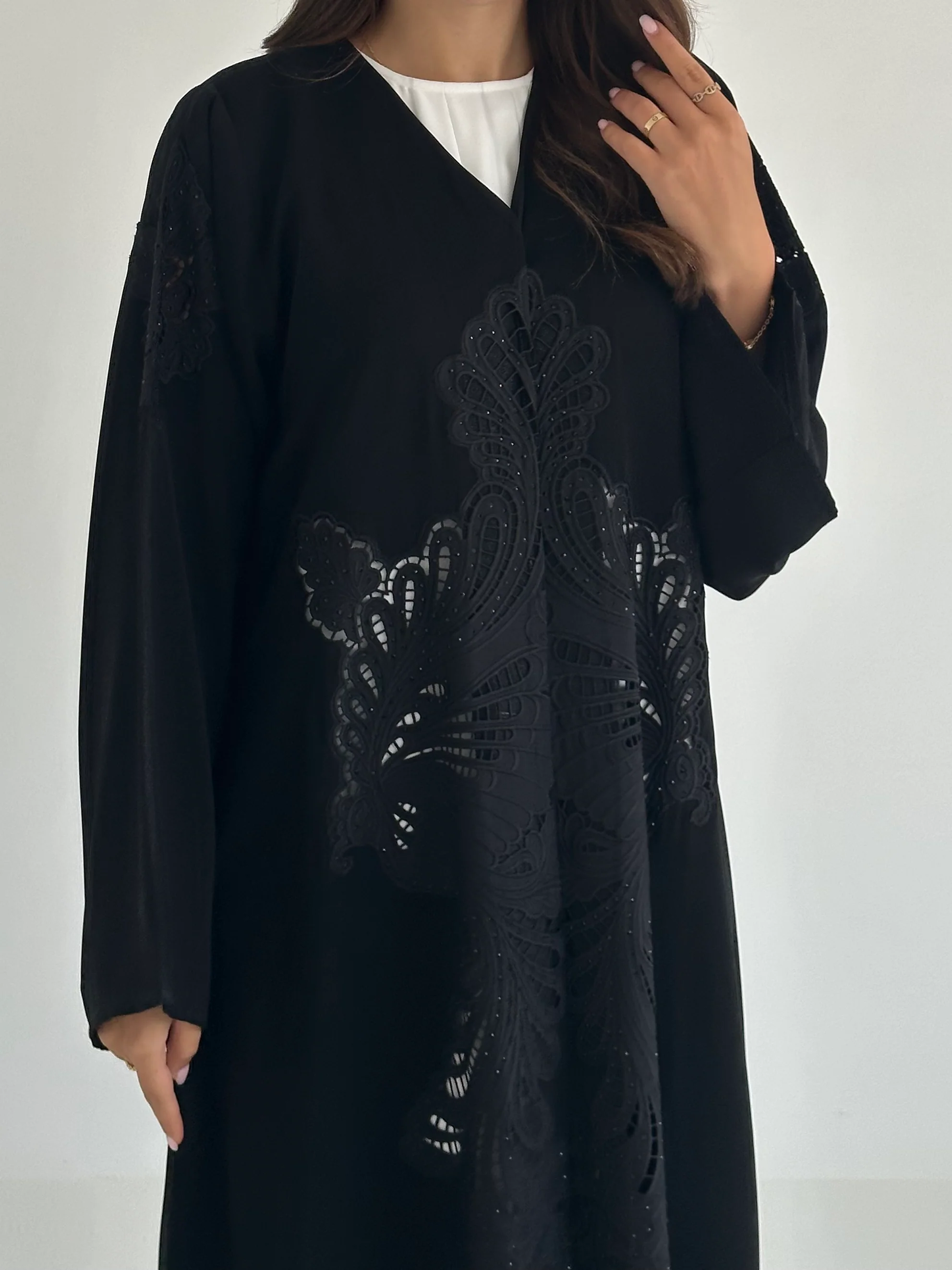 C 2407 Black Crystal Lace Abaya - Image 4