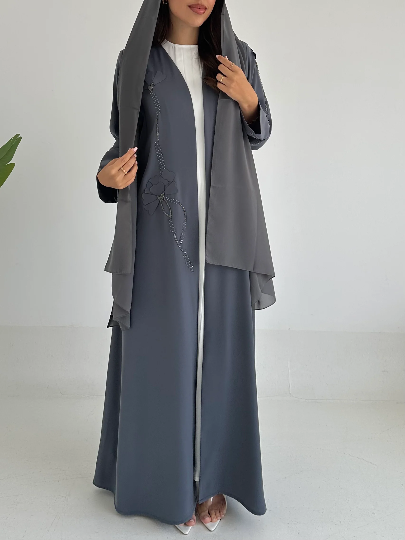 C 2415 Grey Beaded Abaya - Image 5