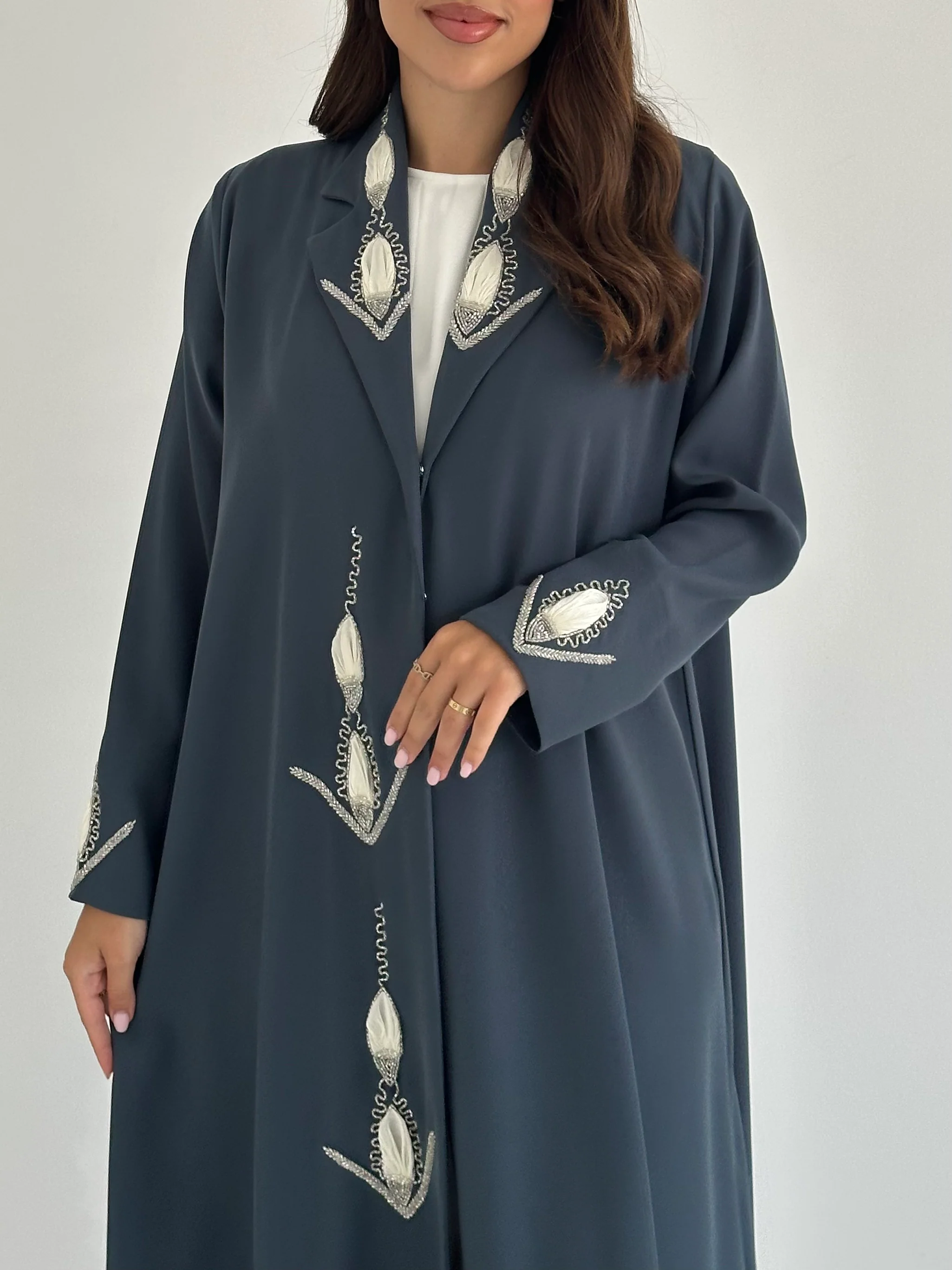 C 2416 Charcoal Blue Beaded Abaya - Image 3