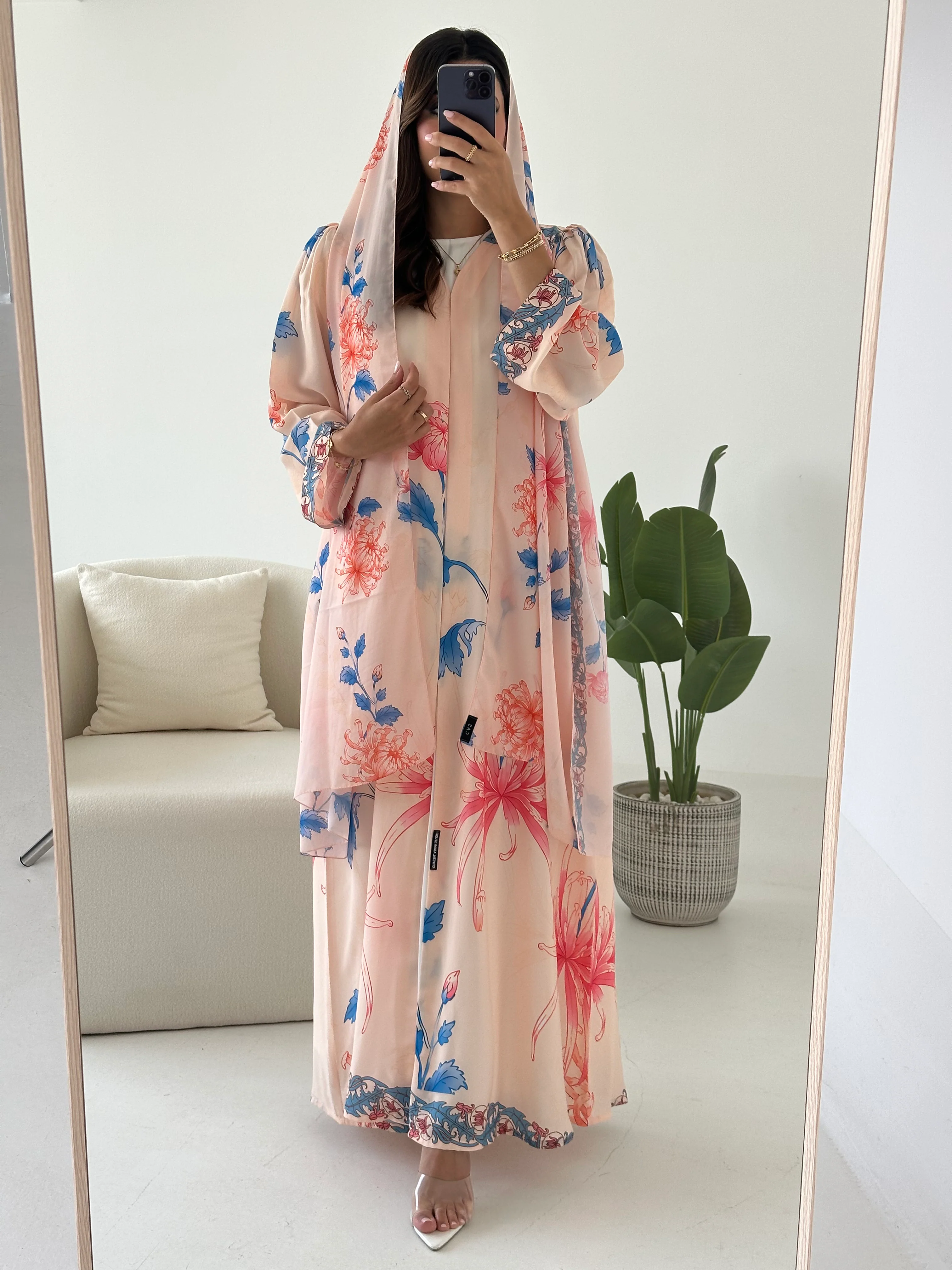 C 2422 Peach Pink Floral Printed Abaya - Image 2