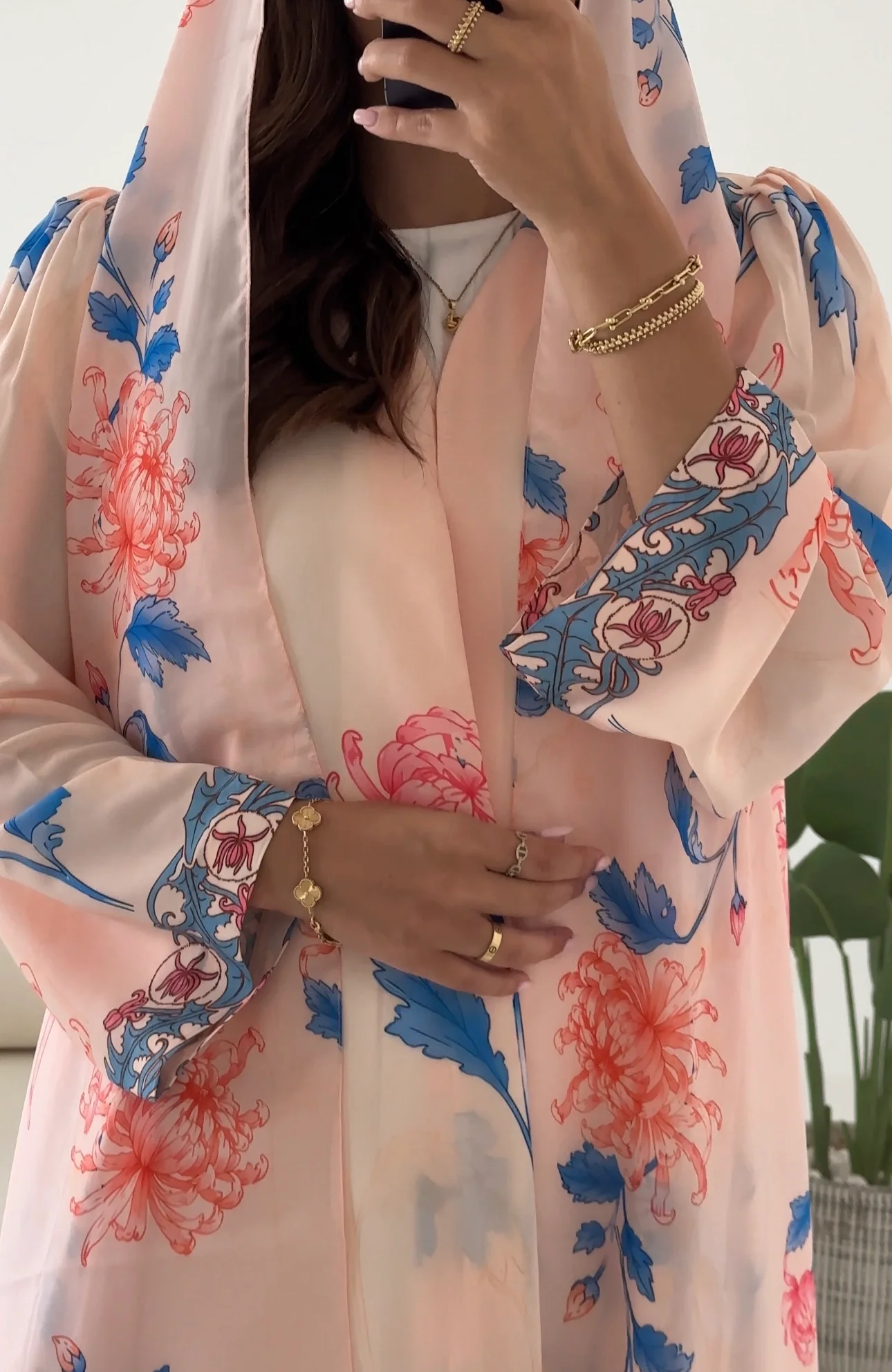 C 2422 Peach Pink Floral Printed Abaya - Image 3