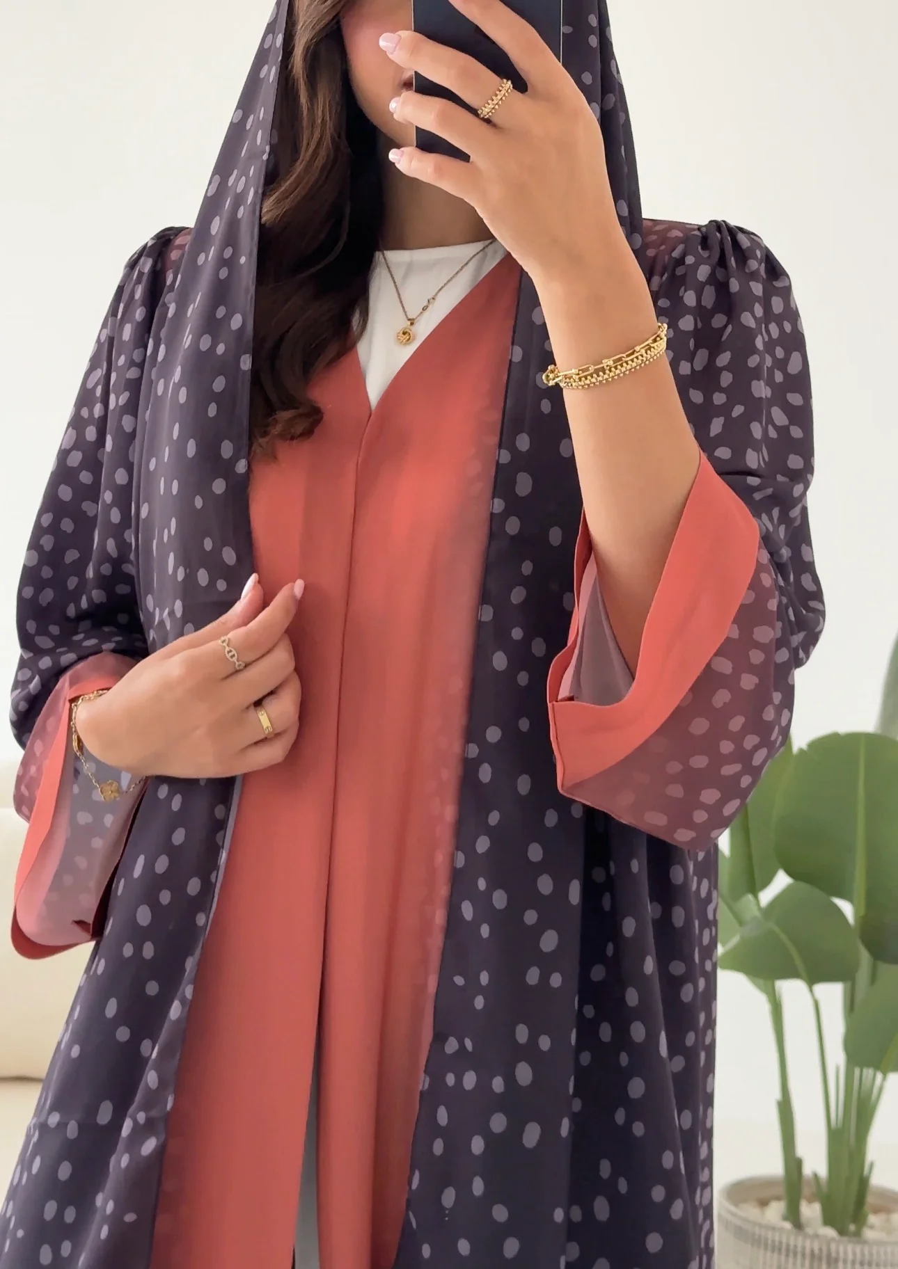 C 2426 Orange Polka Printed Abaya - Image 3