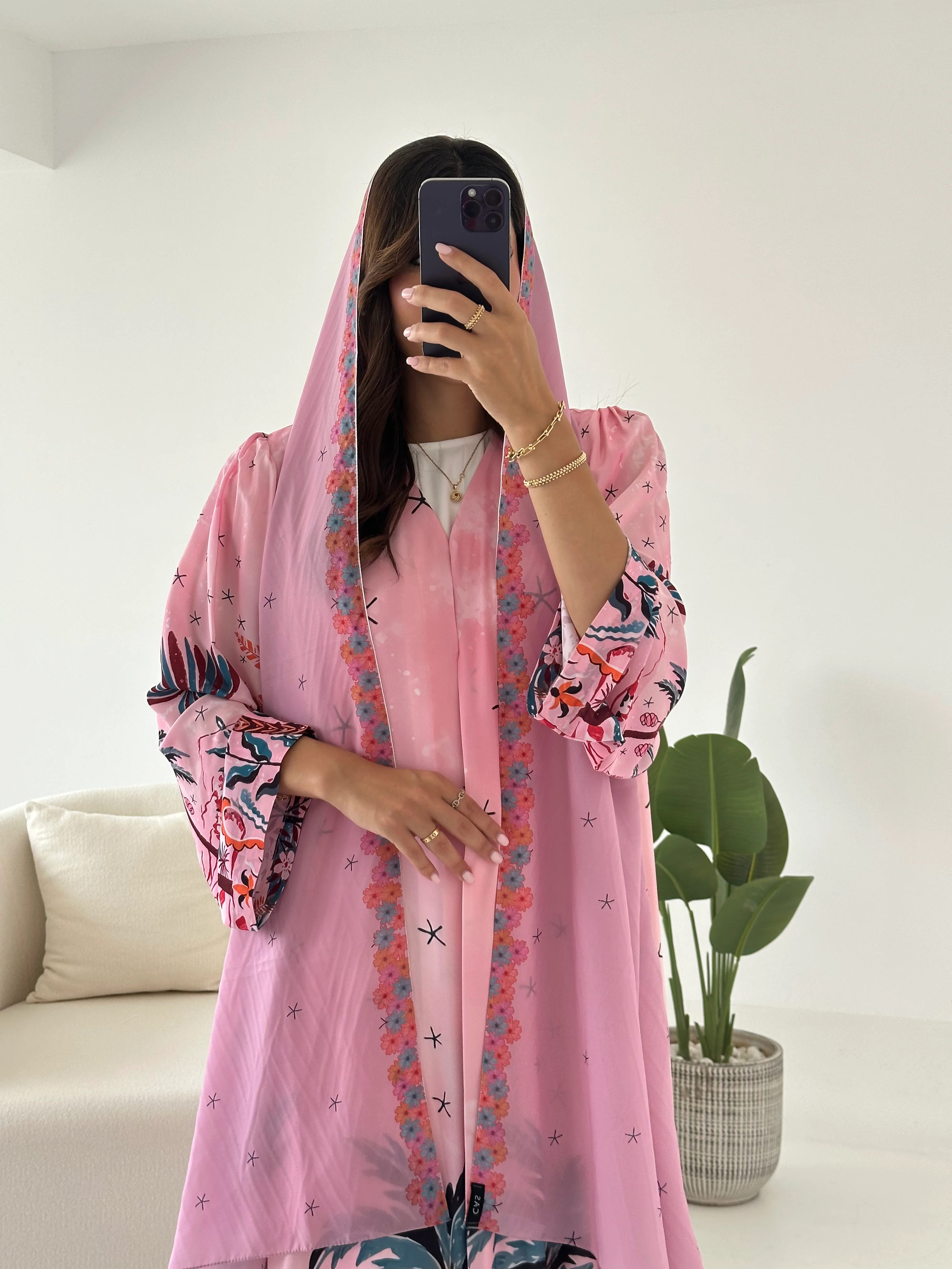 C 2427 Pink Tropical Printed Abaya