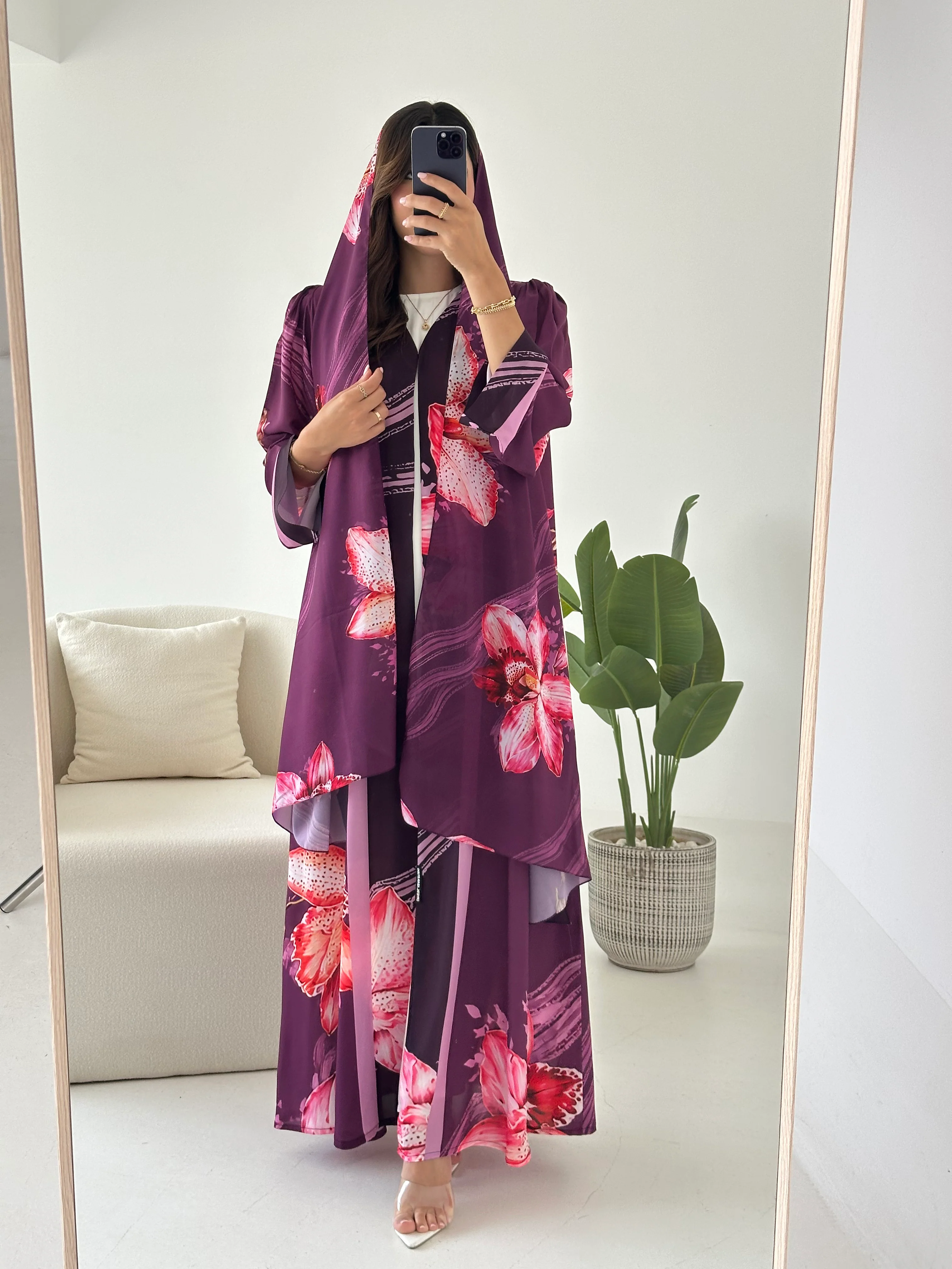 C 2428 Plum Floral Printed Abaya - Image 2