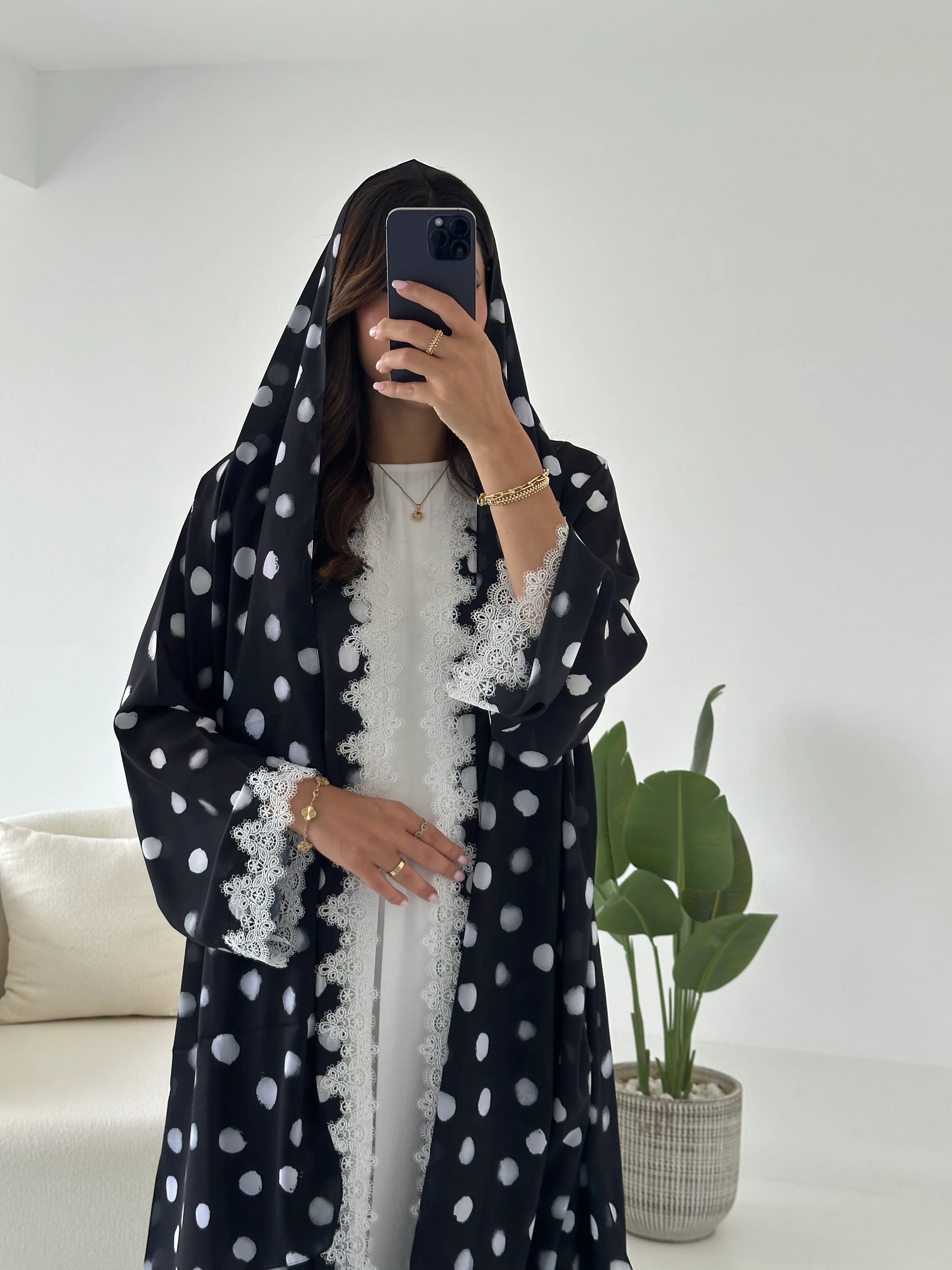 C 2435 Black Polka Printed Lace Abaya - Image 3