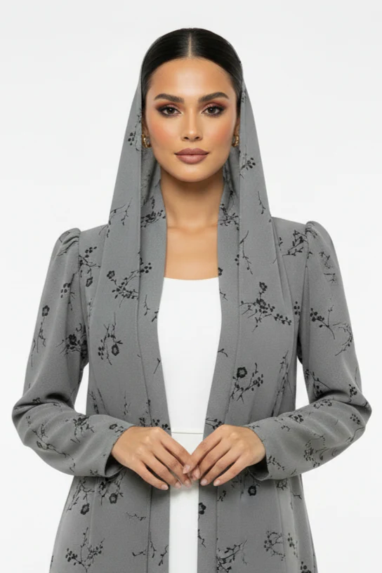 C 2436-01 Light Grey Floral Printed Abaya