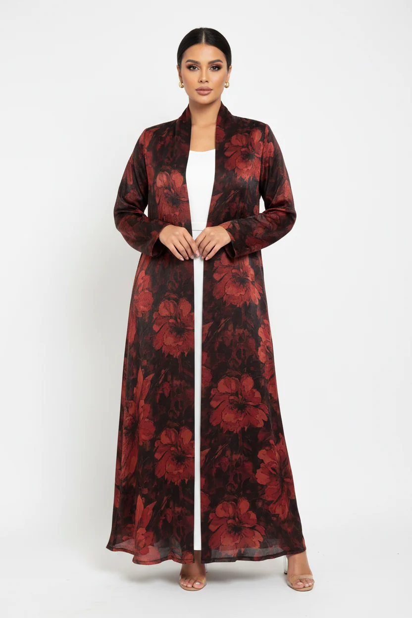 C 2437-02 Bright Red Floral Abaya - Image 2
