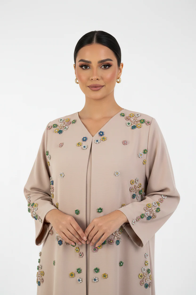 C 2464 Light Pink Floral Beaded Abaya