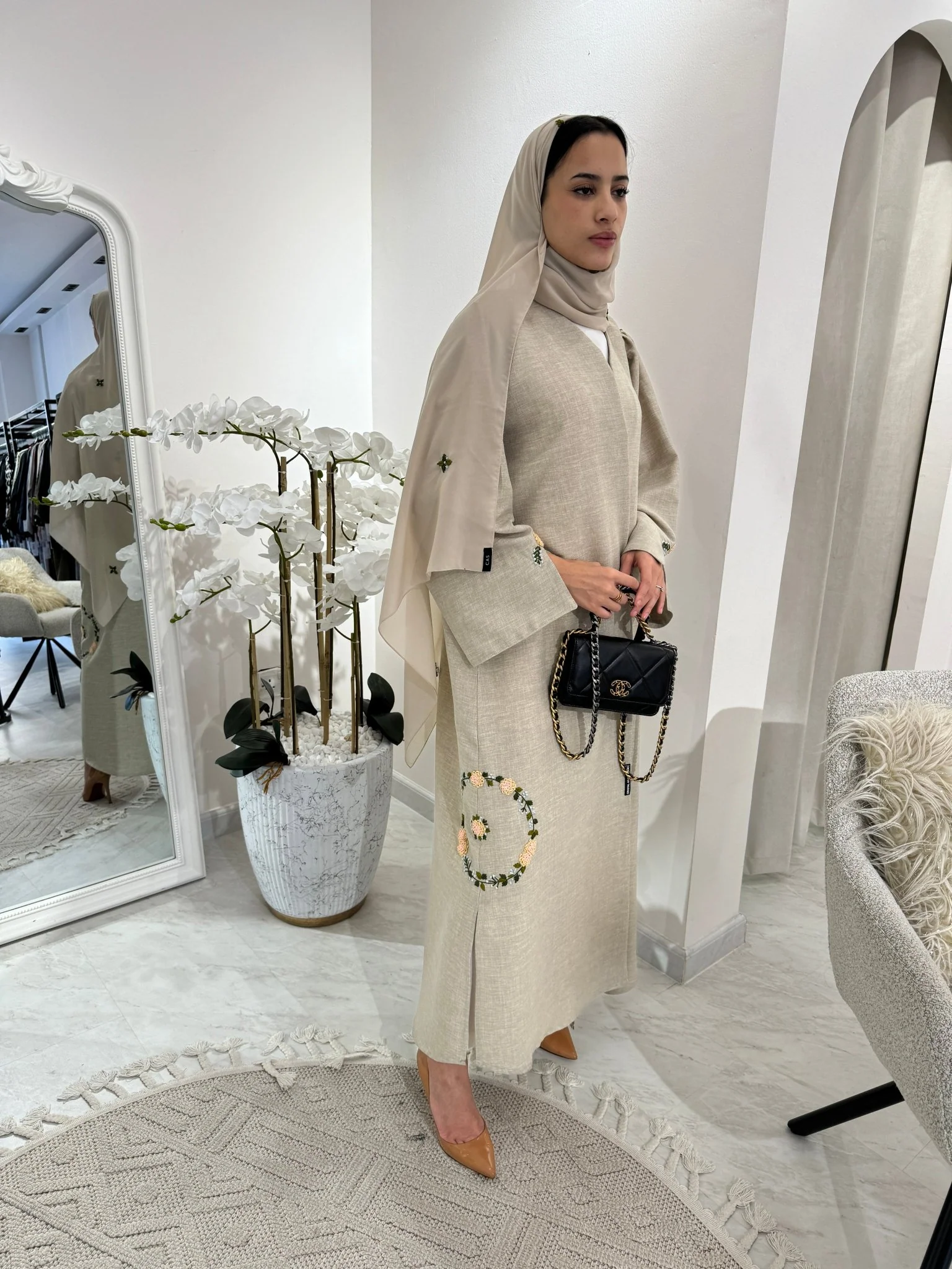 C Beige Floral Linen Embroidery Eid Abaya