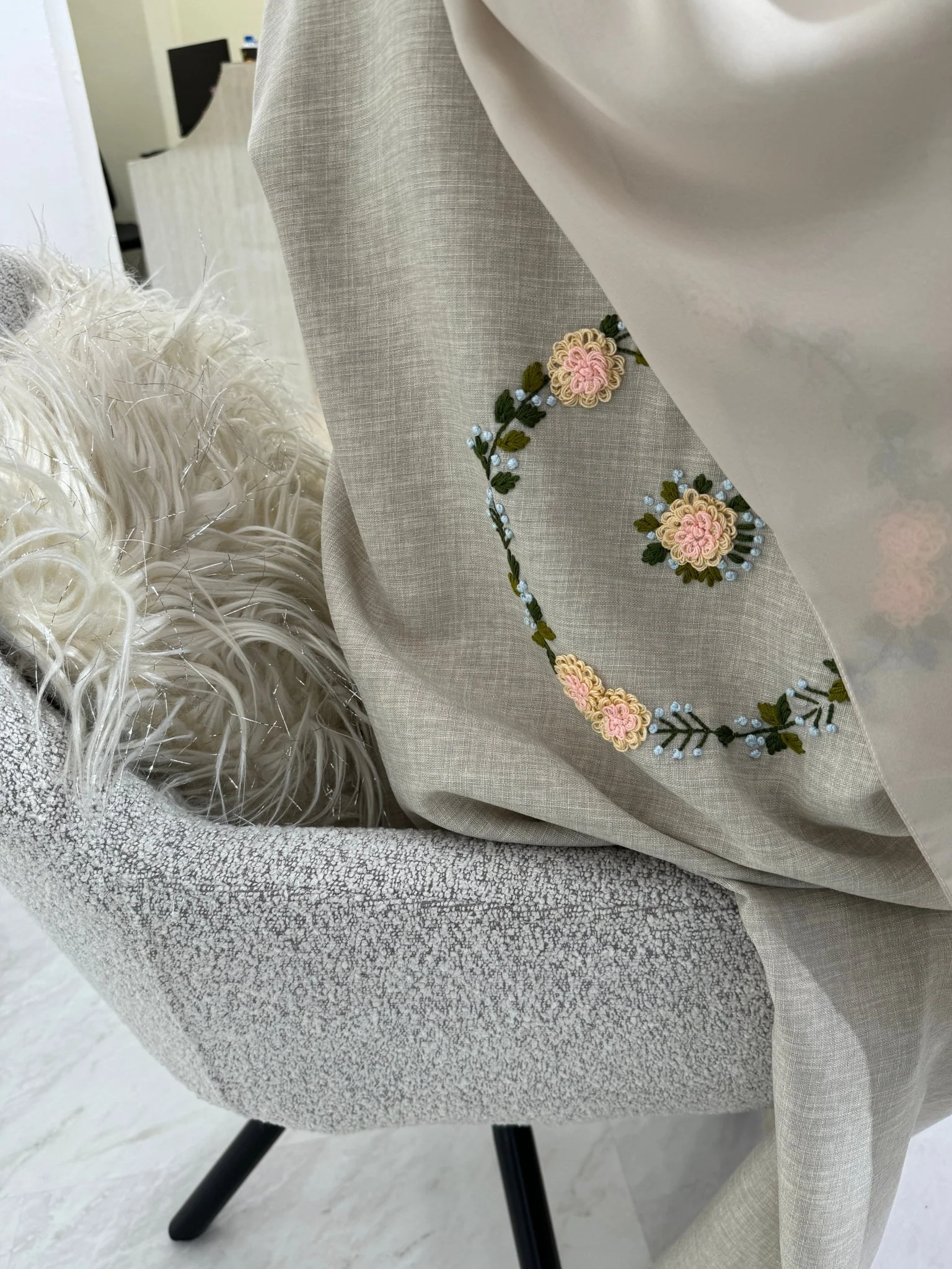 C Beige Floral Linen Embroidery Eid Abaya - Image 15