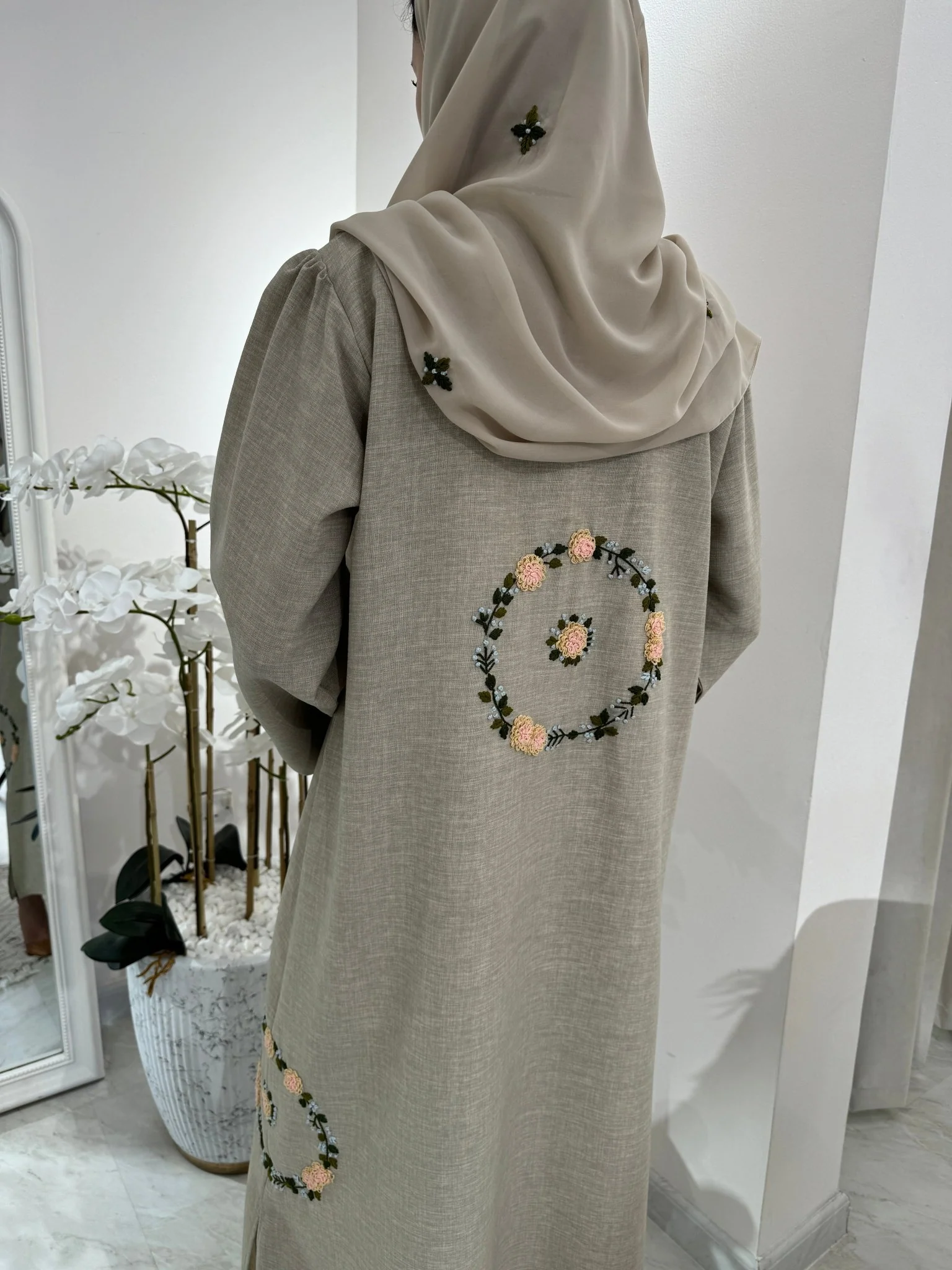 C Beige Floral Linen Embroidery Eid Abaya - Image 2