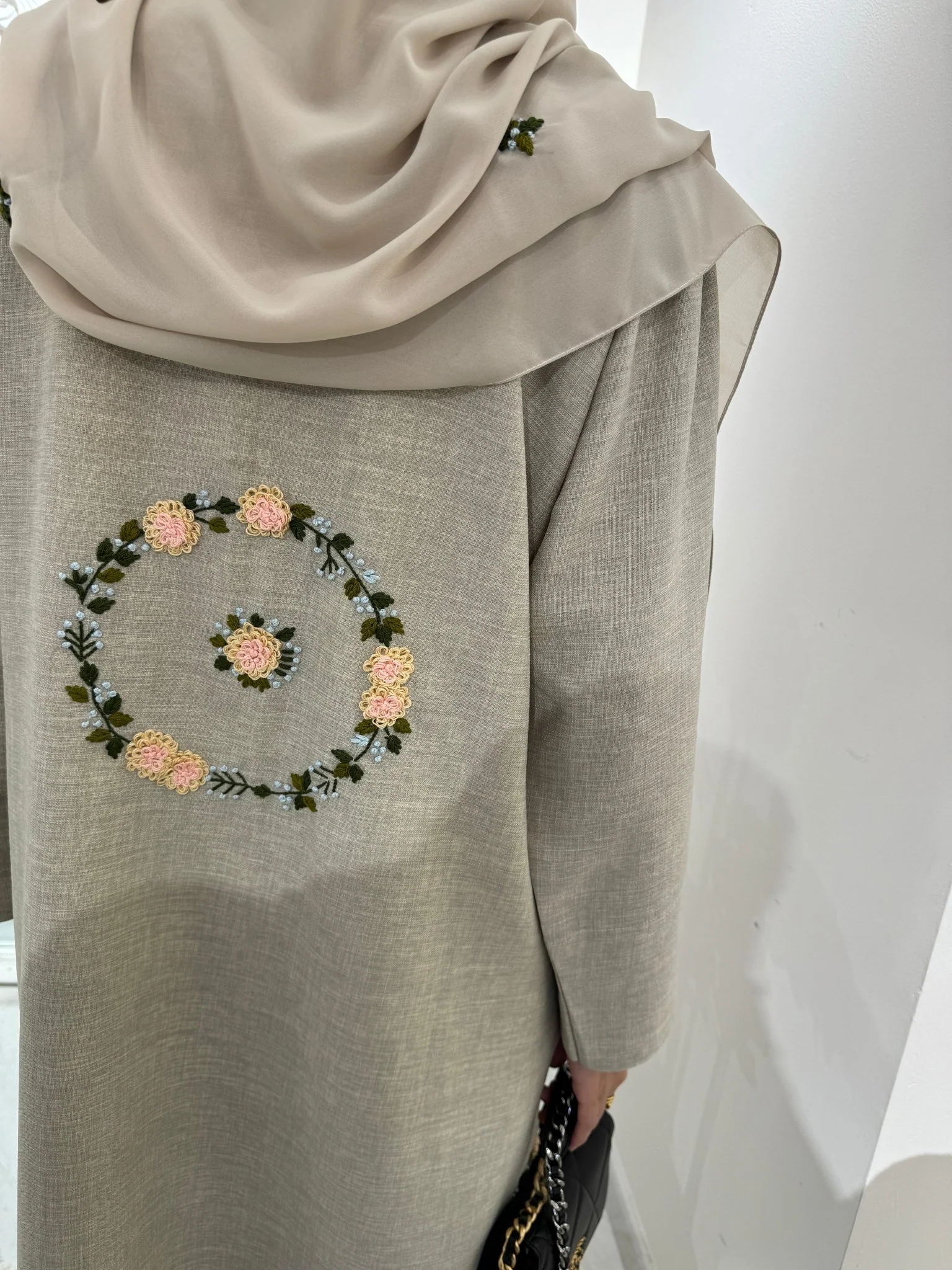 C Beige Floral Linen Embroidery Eid Abaya - Image 9