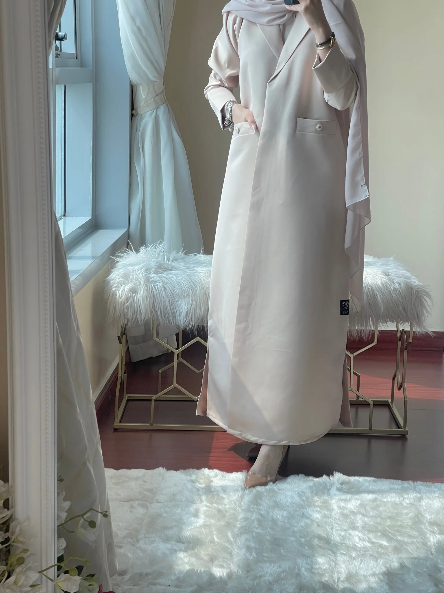 C-Beige-Satin-Coat-Abaya - Image 8