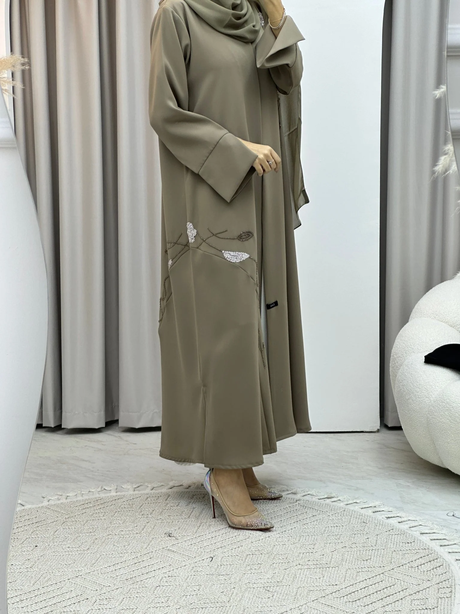 C Beige Sequins Abaya - Image 3