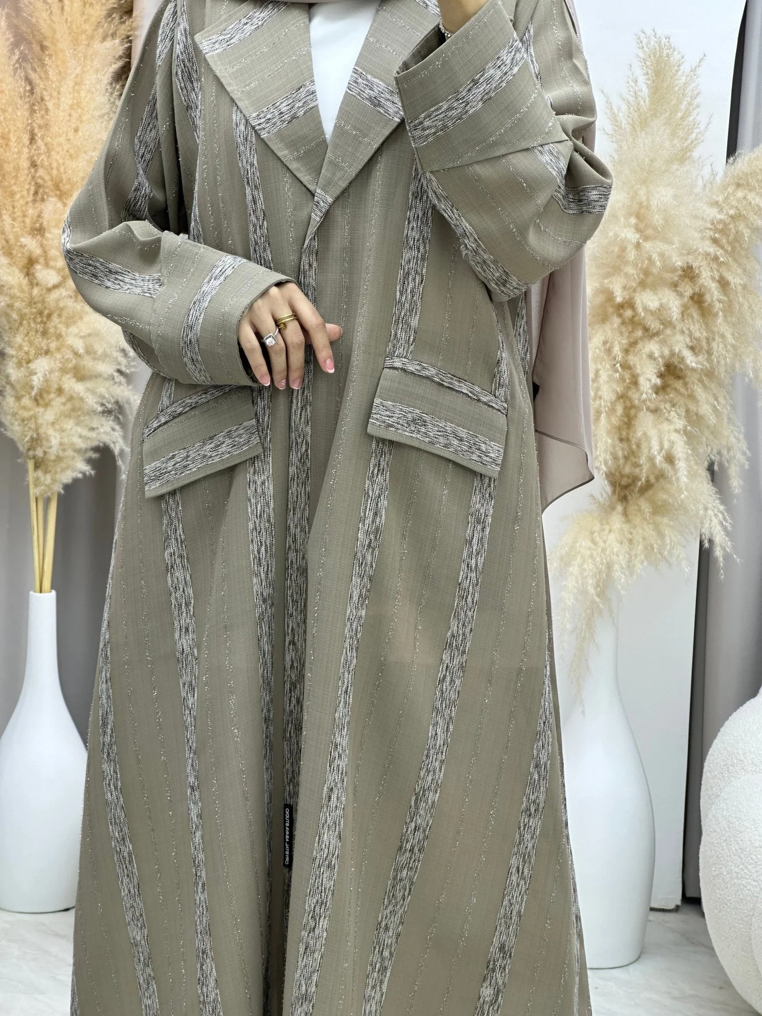 C 0002-05 Beige Striped Coat Eid Abaya - Image 2