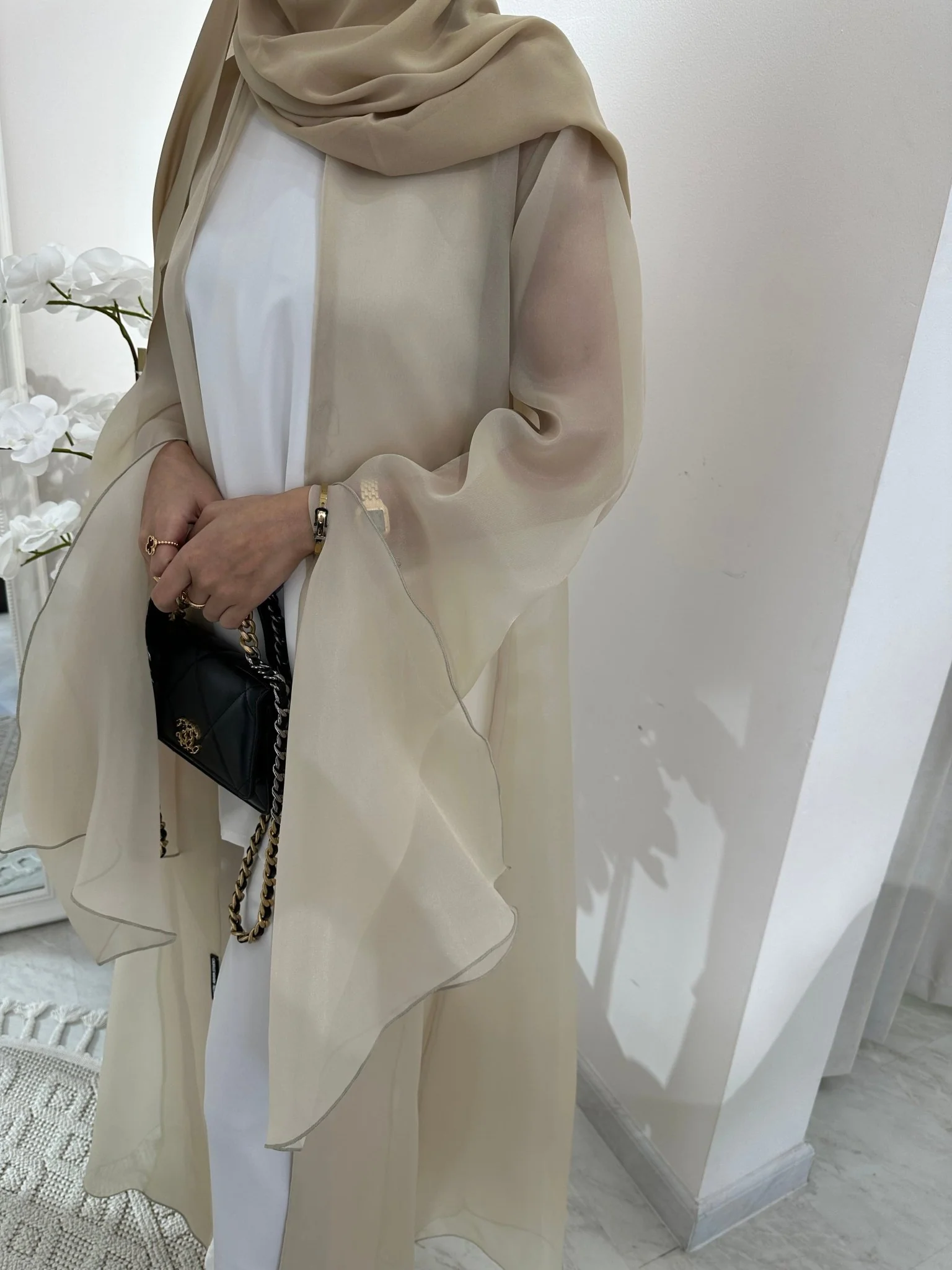 C Beige Summer Organza Eid Abaya - Image 4