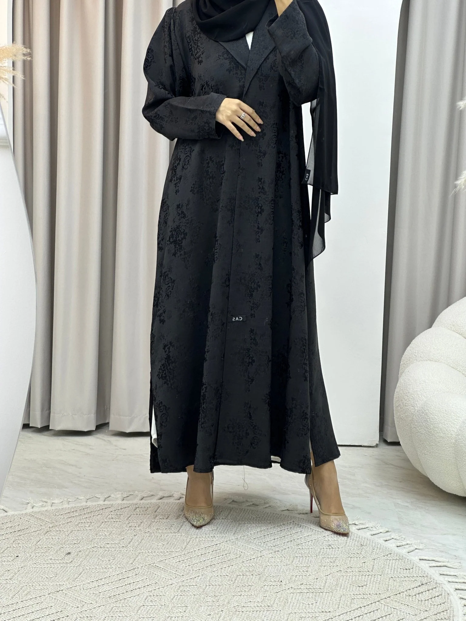 C Black Floral Print Coat Abaya
