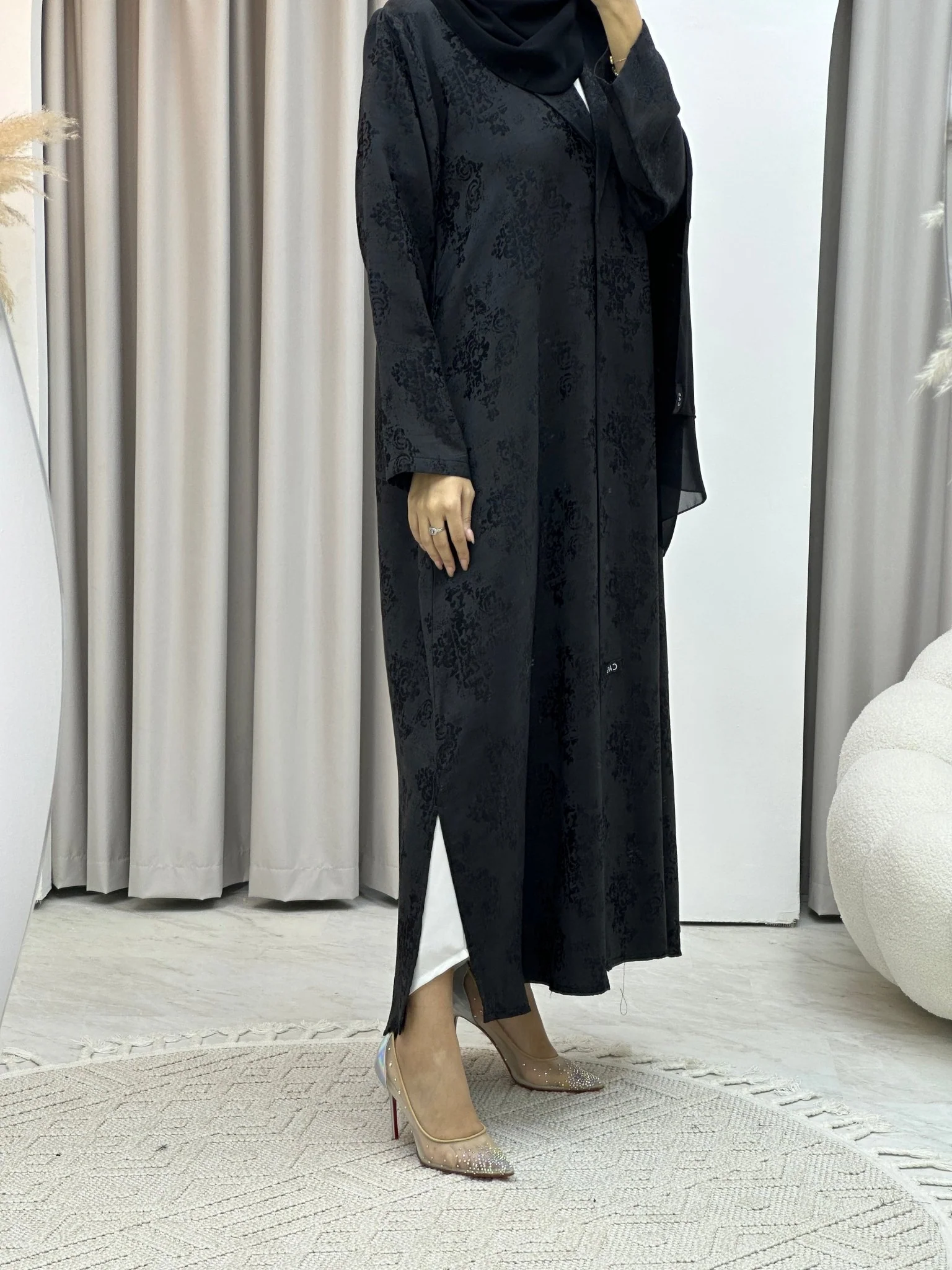 C Black Floral Print Coat Abaya - Image 6