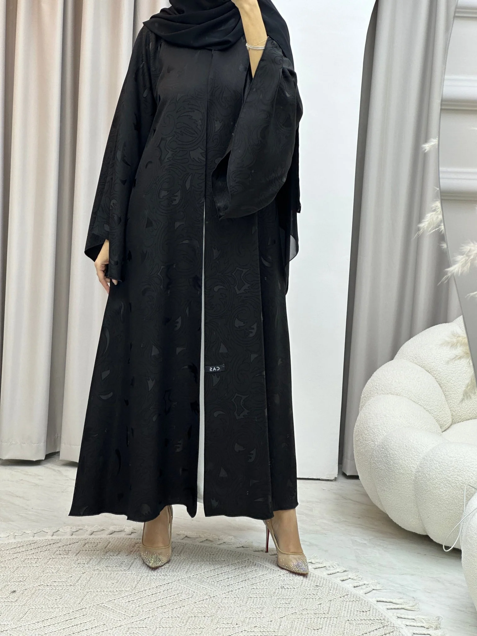 C Black Swirl Print Jacquard Abaya