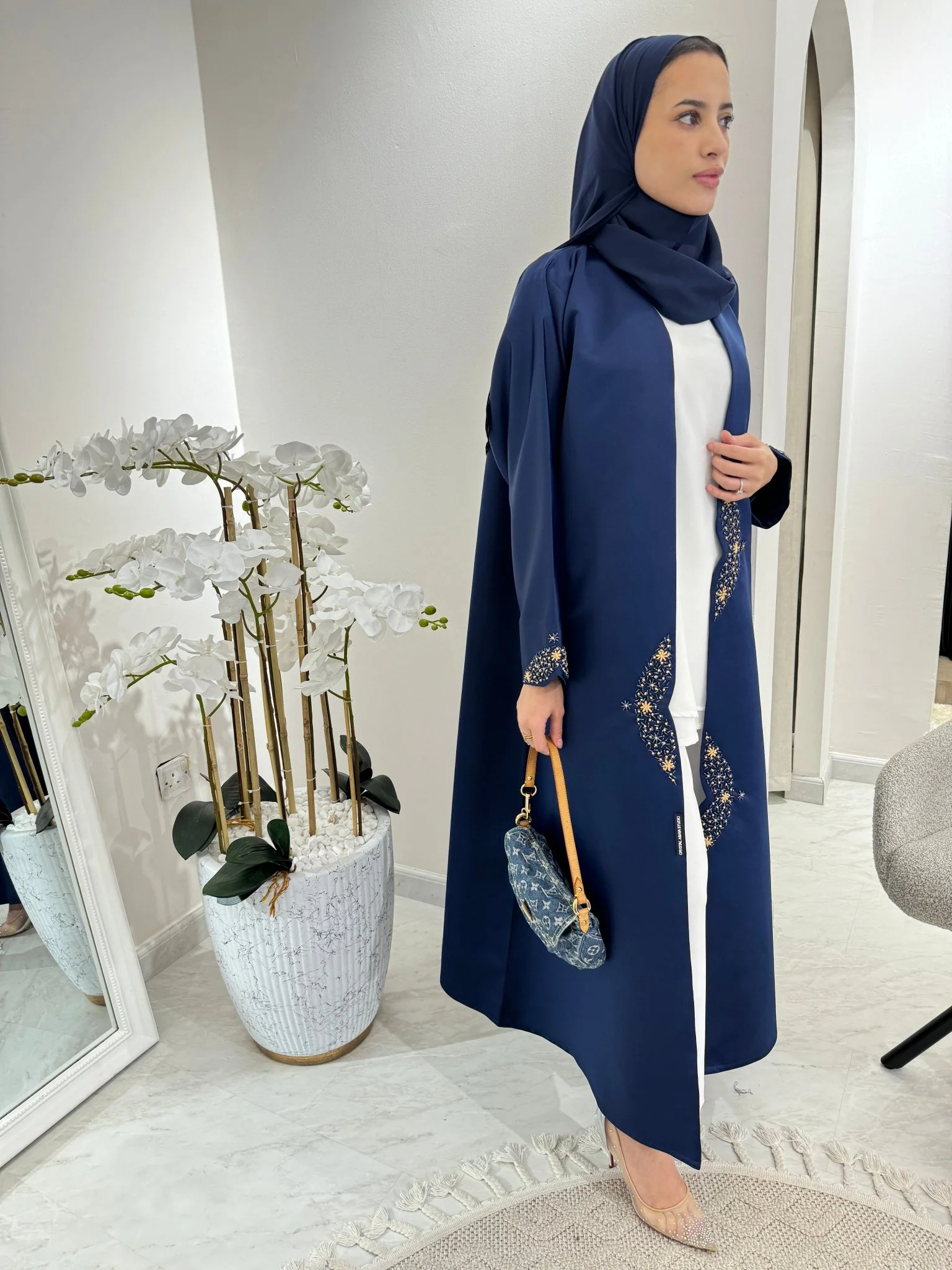 C Blue Beige Satin Eid Abaya - Image 6