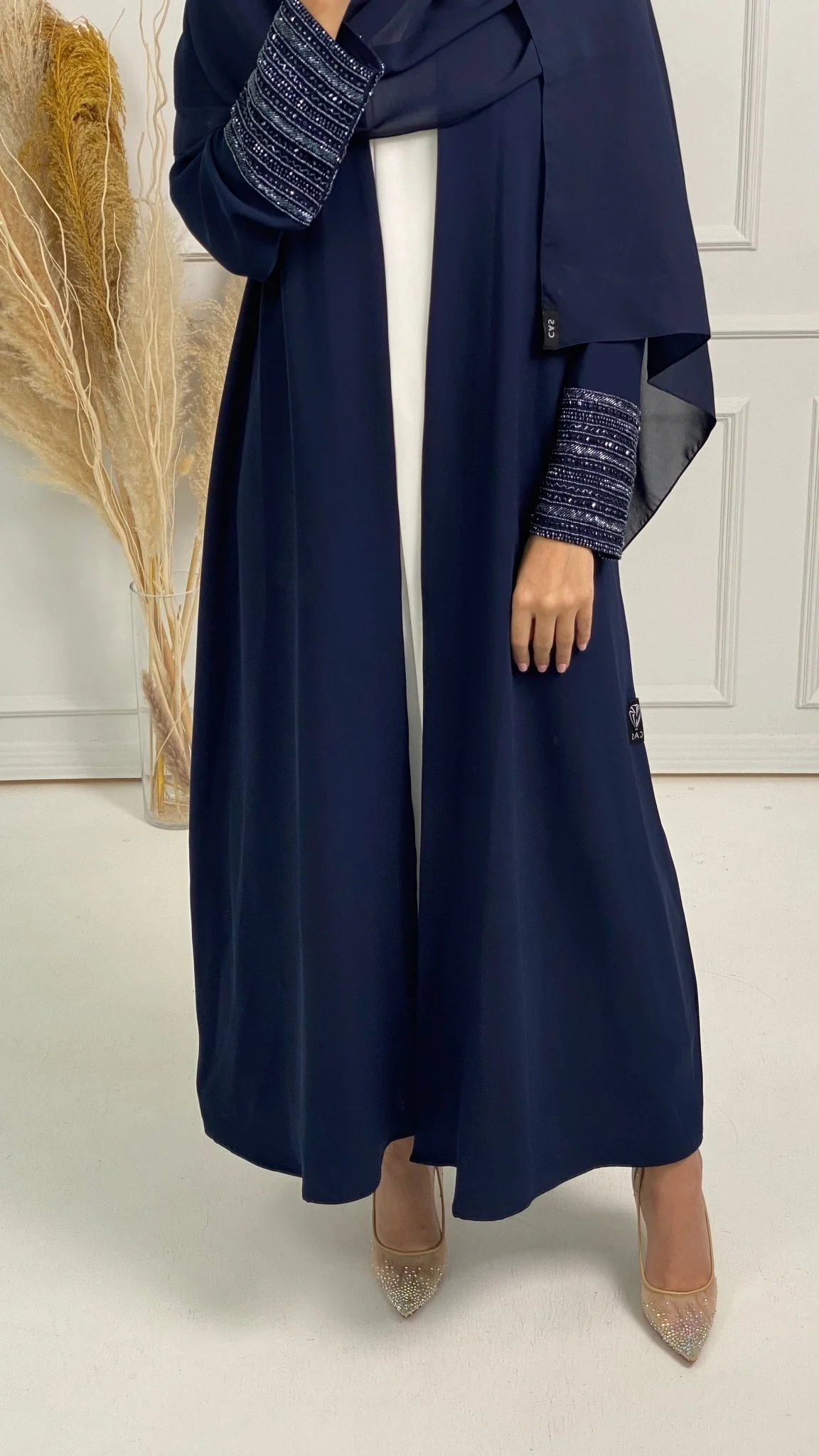 C Blue Bisht Embroidered Cuff Abaya - Image 3
