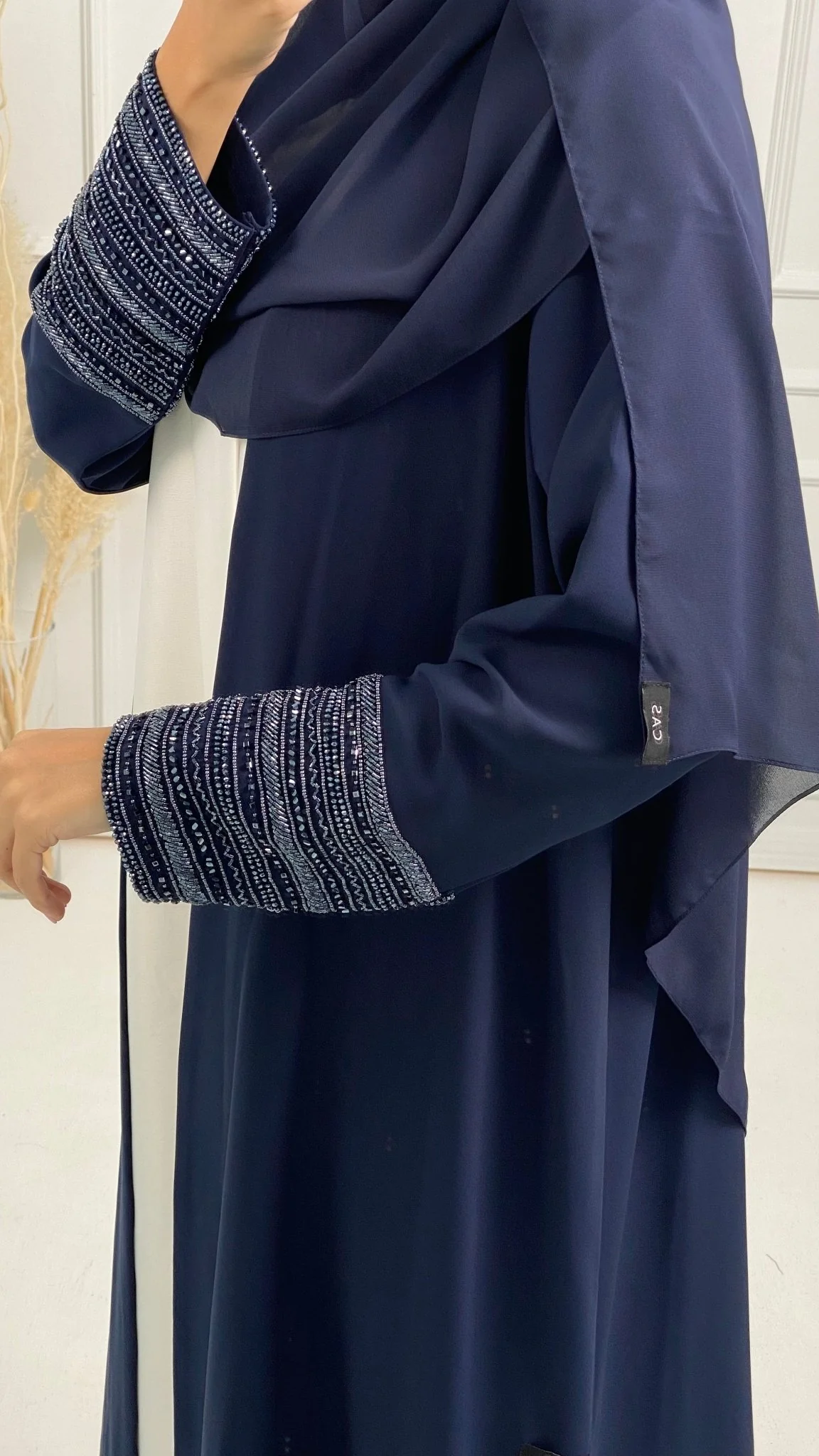 C Blue Bisht Embroidered Cuff Abaya - Image 6