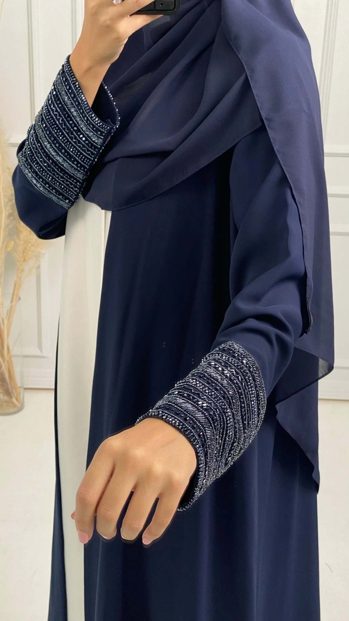C Blue Bisht Embroidered Cuff Abaya - Image 7