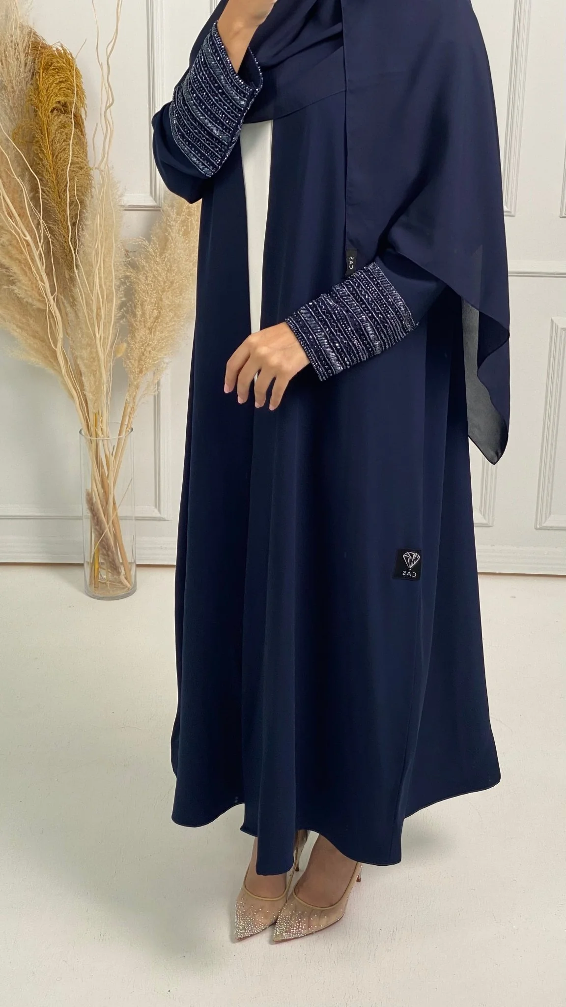 C Blue Bisht Embroidered Cuff Abaya - Image 9