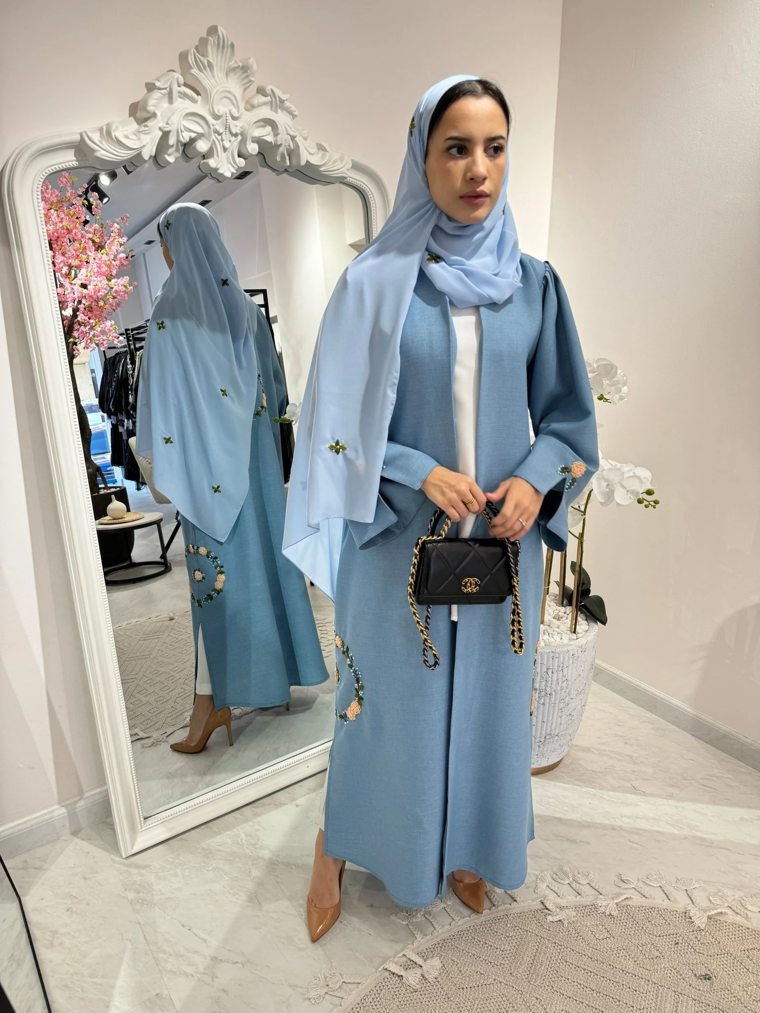 C Blue Floral Linen Embroidery Eid Abaya
