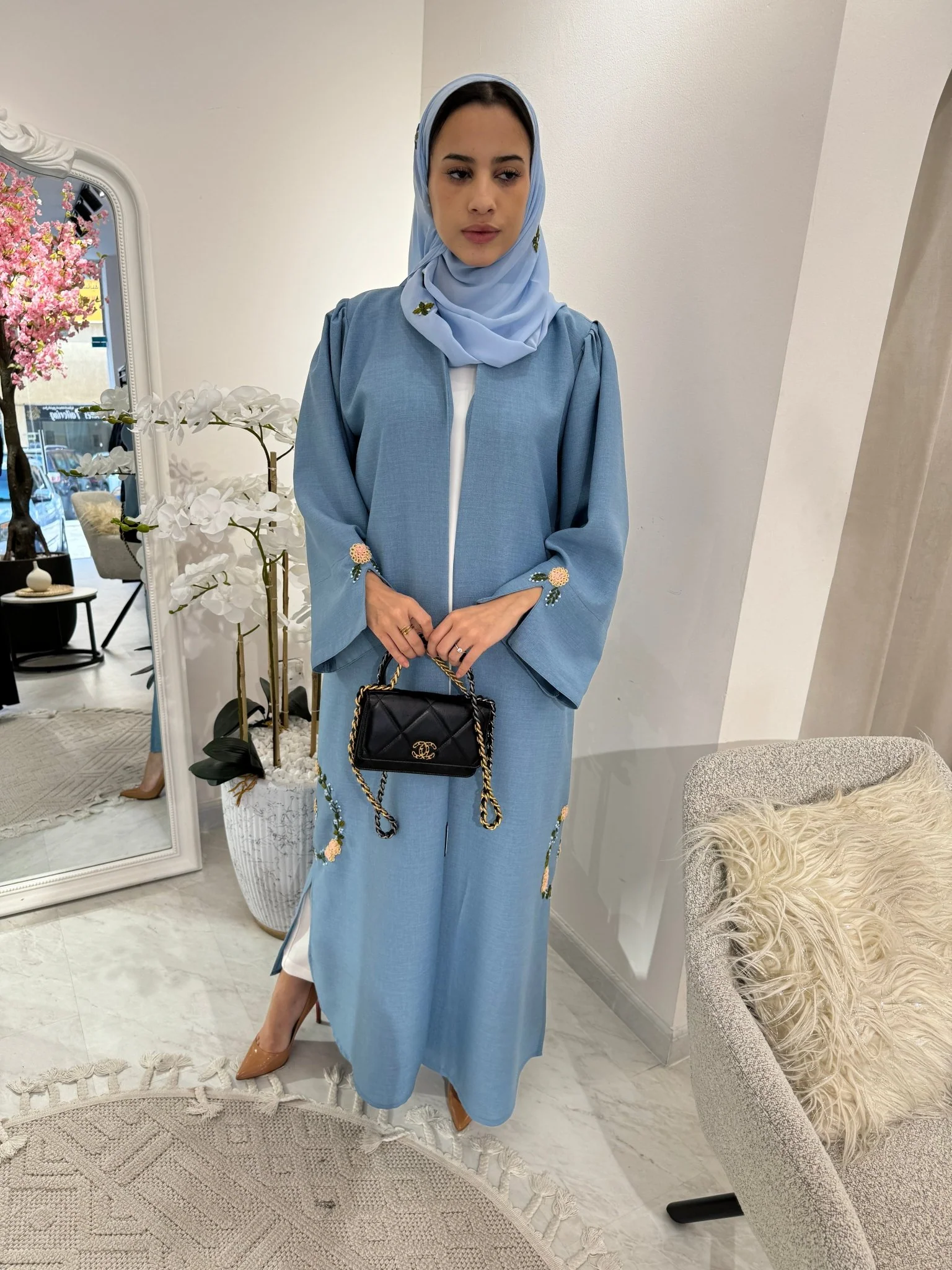 C Blue Floral Linen Embroidery Eid Abaya - Image 11