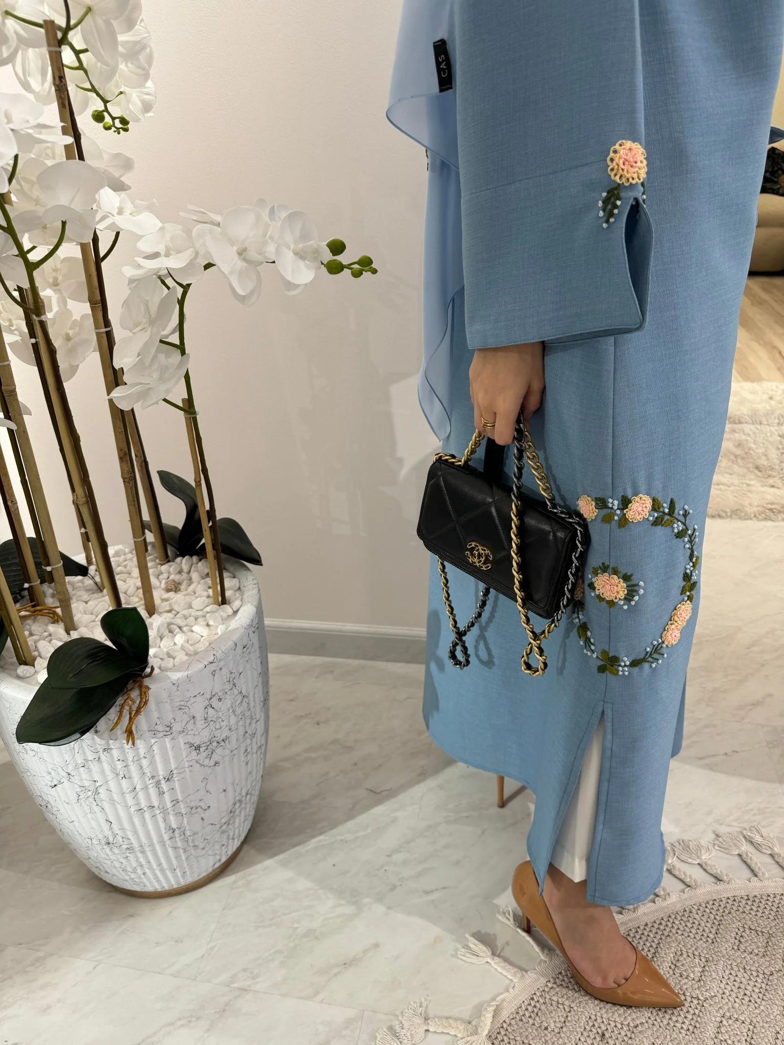 C Blue Floral Linen Embroidery Eid Abaya - Image 12