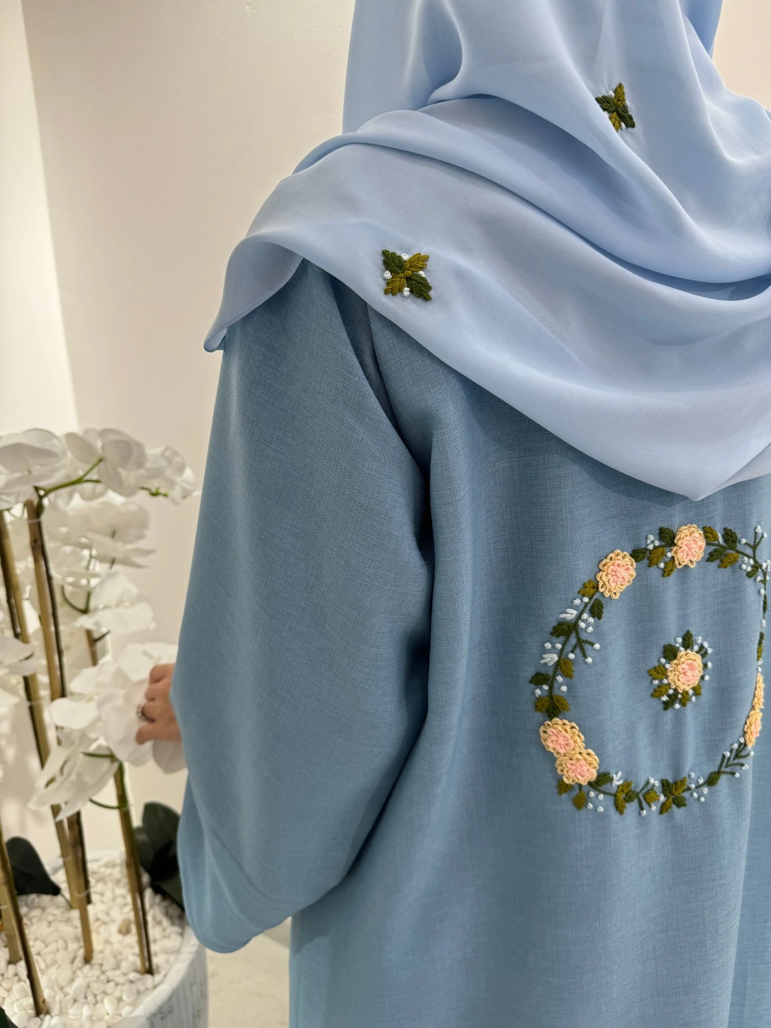 C Blue Floral Linen Embroidery Eid Abaya - Image 13