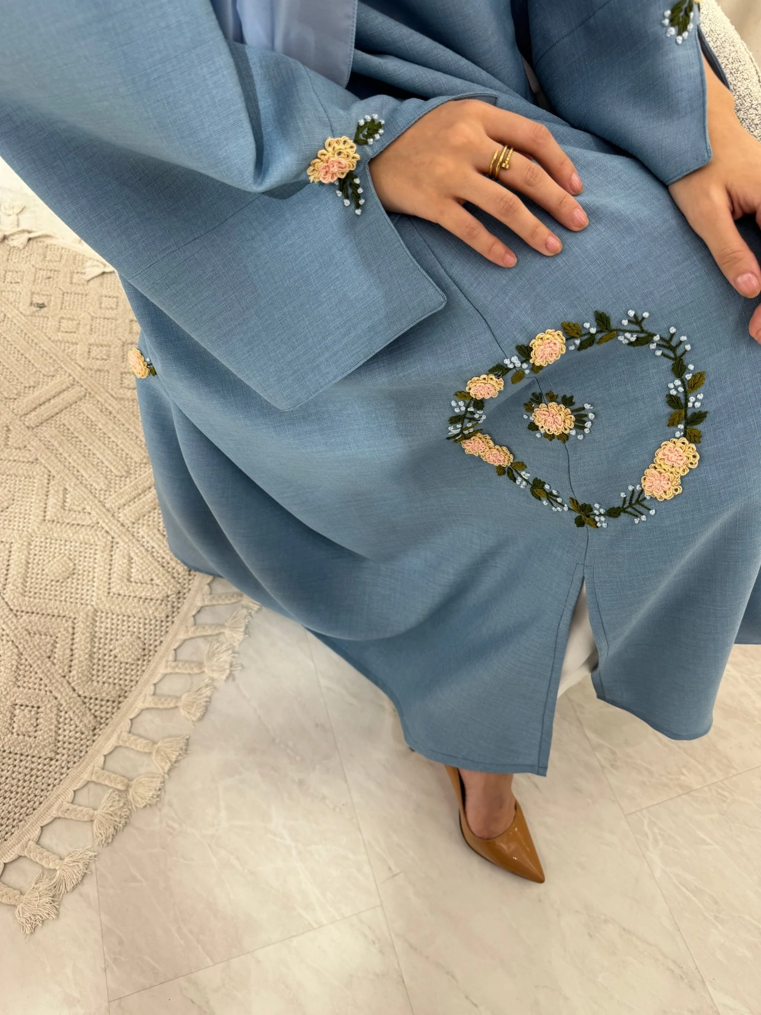 C Blue Floral Linen Embroidery Eid Abaya - Image 15
