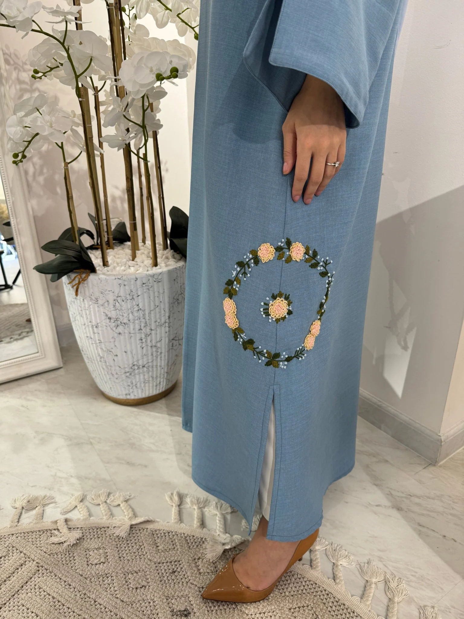 C Blue Floral Linen Embroidery Eid Abaya - Image 4