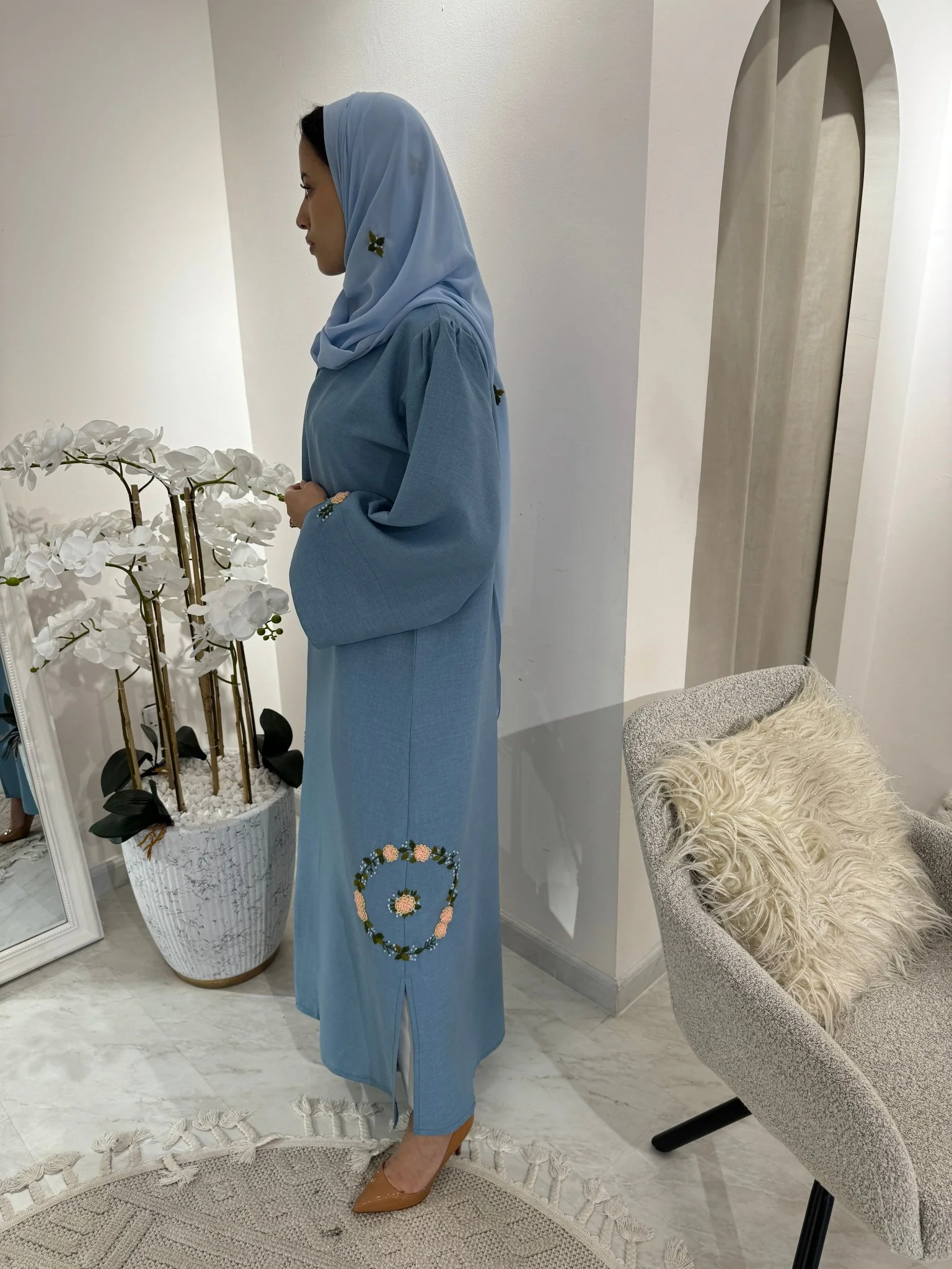 C Blue Floral Linen Embroidery Eid Abaya - Image 5