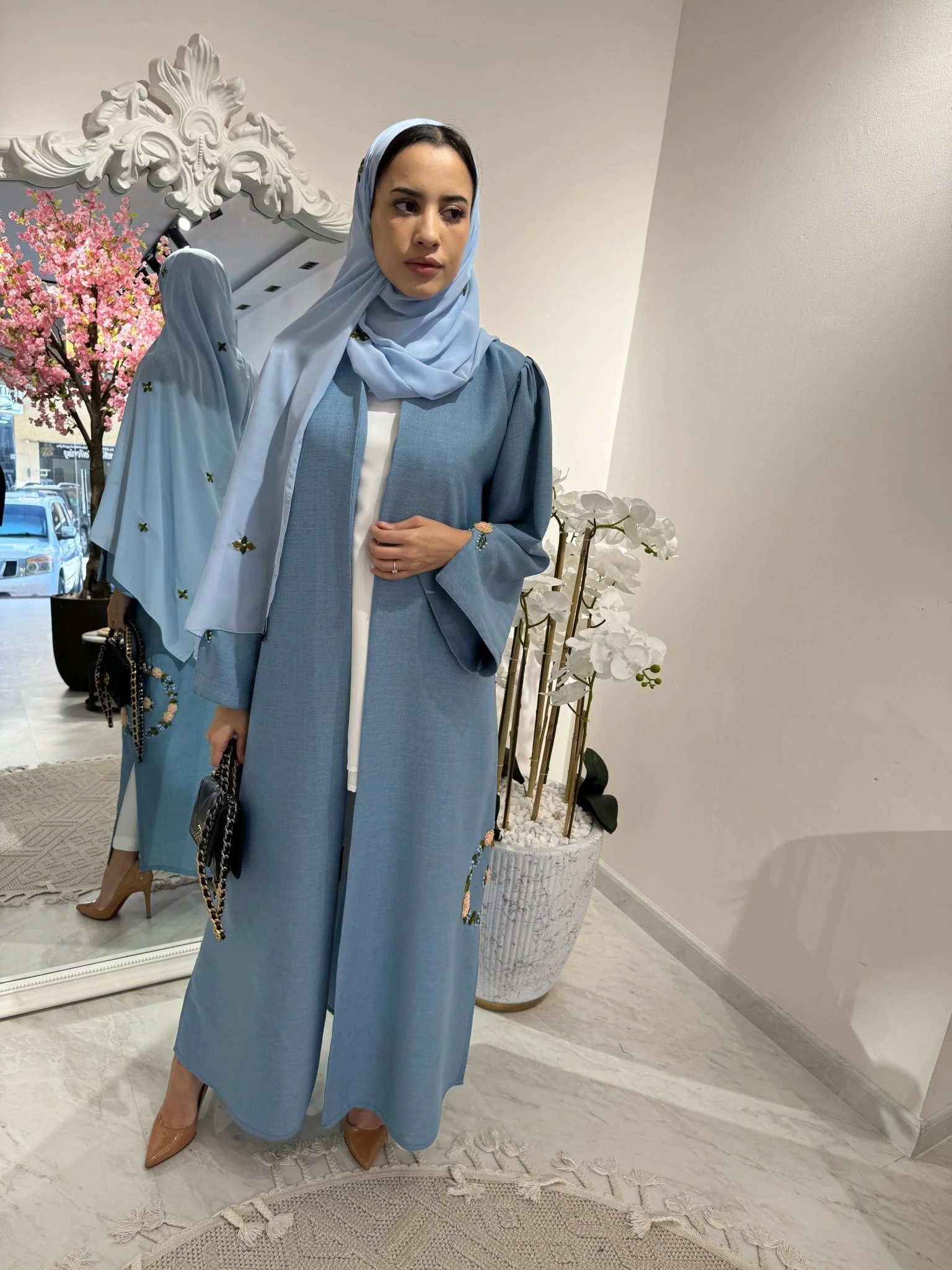 C Blue Floral Linen Embroidery Eid Abaya - Image 6