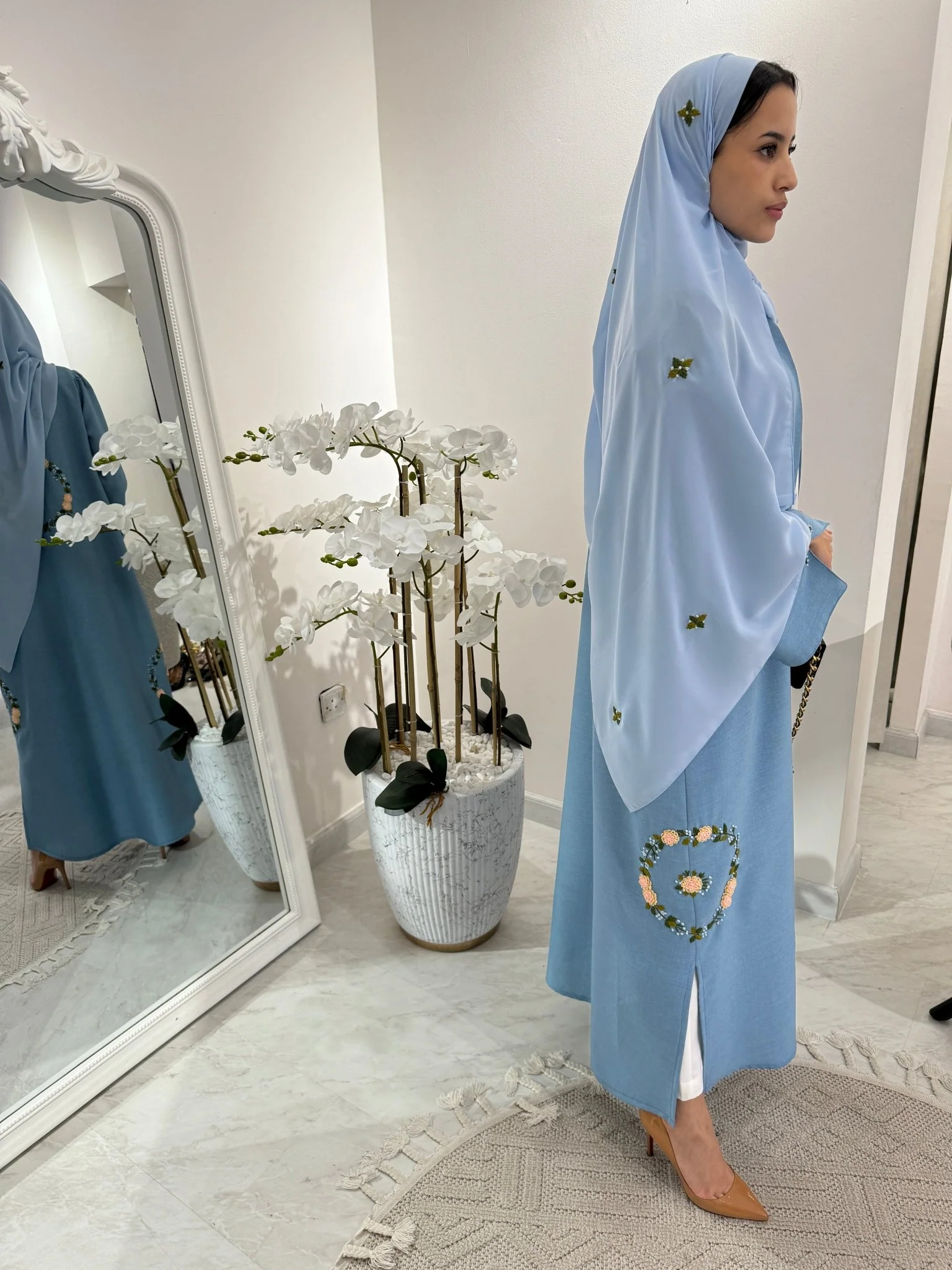 C Blue Floral Linen Embroidery Eid Abaya - Image 7