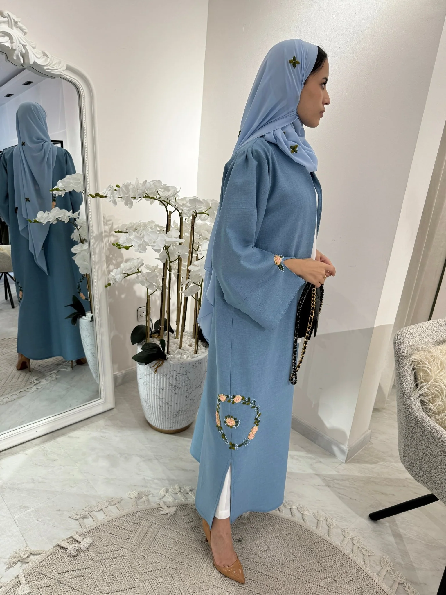 C Blue Floral Linen Embroidery Eid Abaya - Image 8
