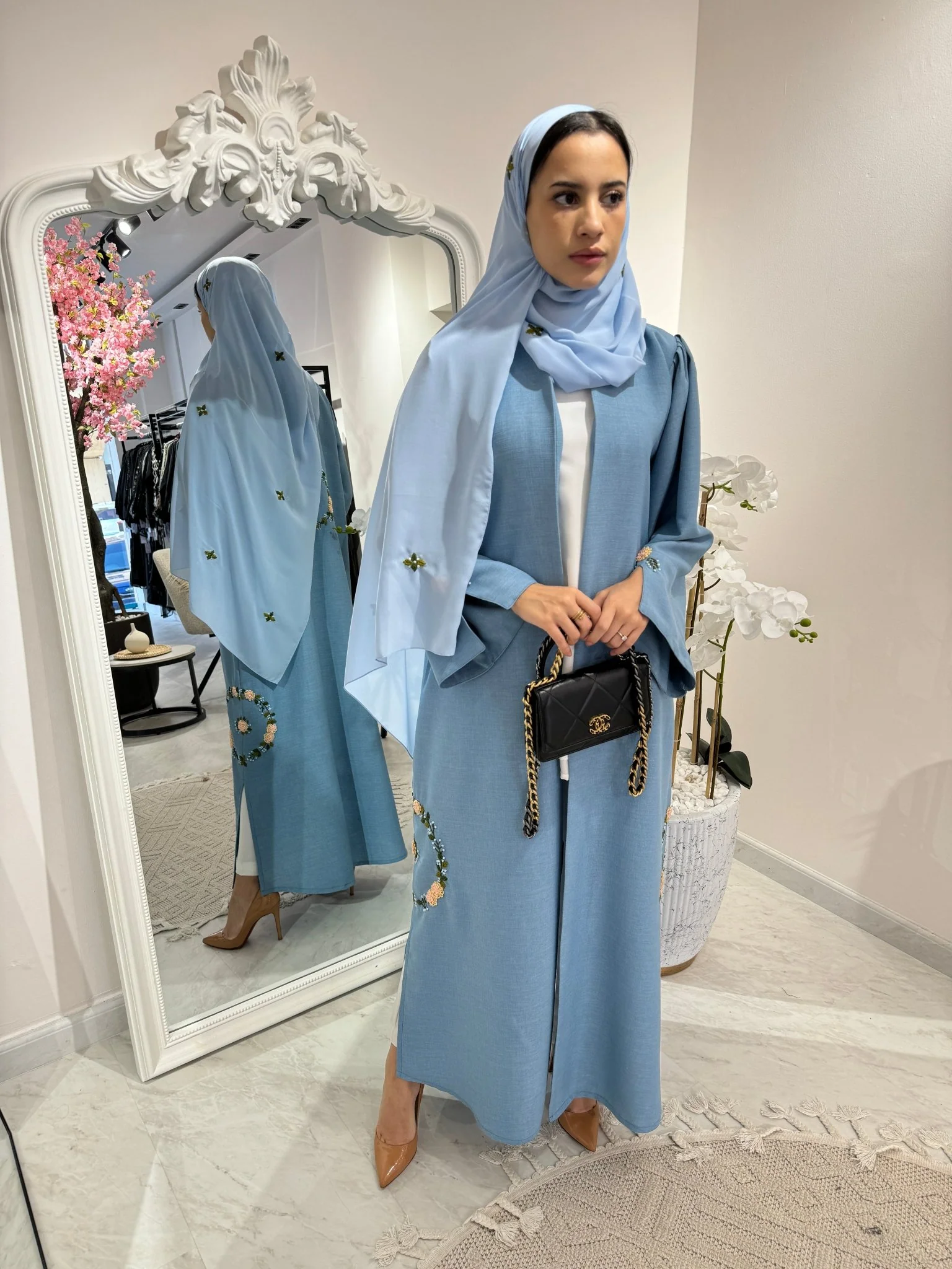 C Blue Floral Linen Embroidery Eid Abaya - Image 9