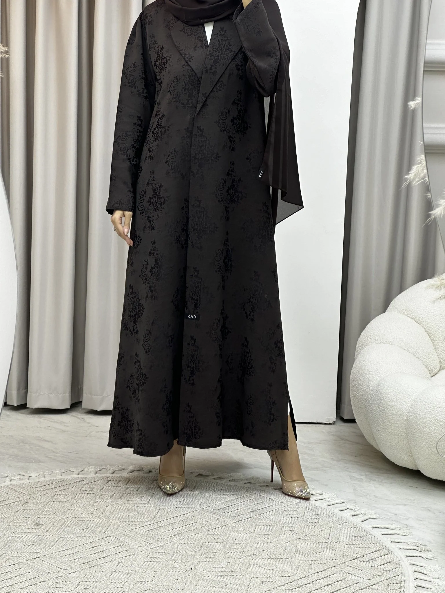 C Brown Floral Print Coat Abaya - Image 4