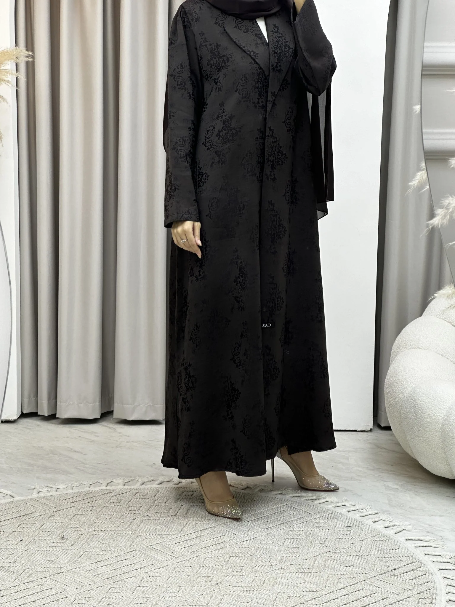 C Brown Floral Print Coat Abaya - Image 8
