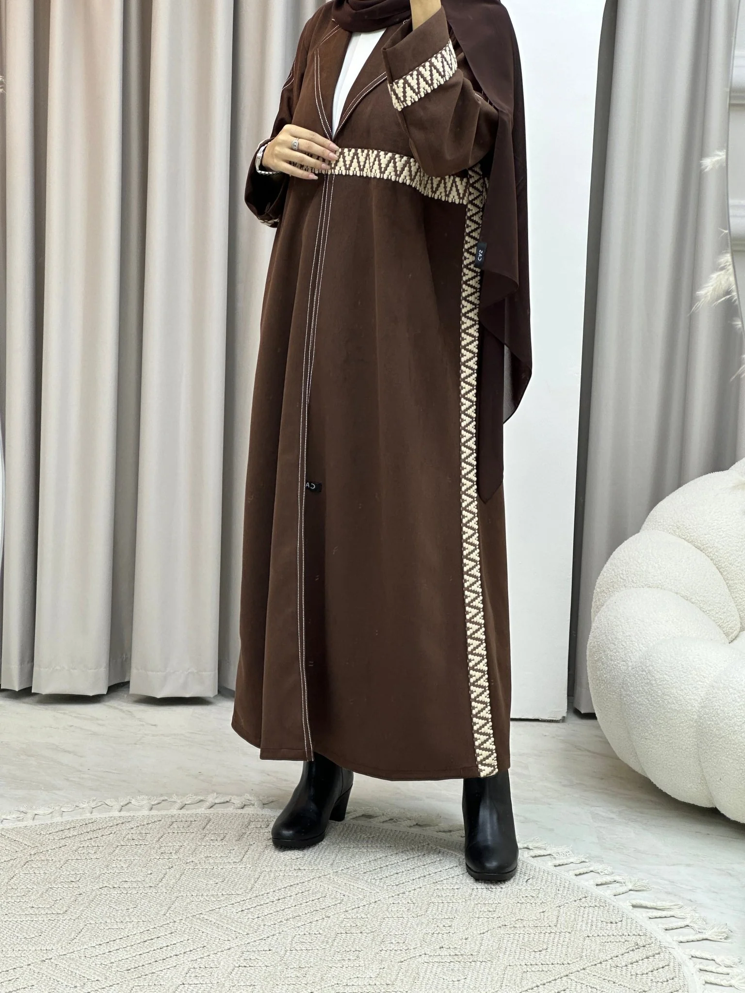 C Brown Lace Suede Winter Abaya - Image 5